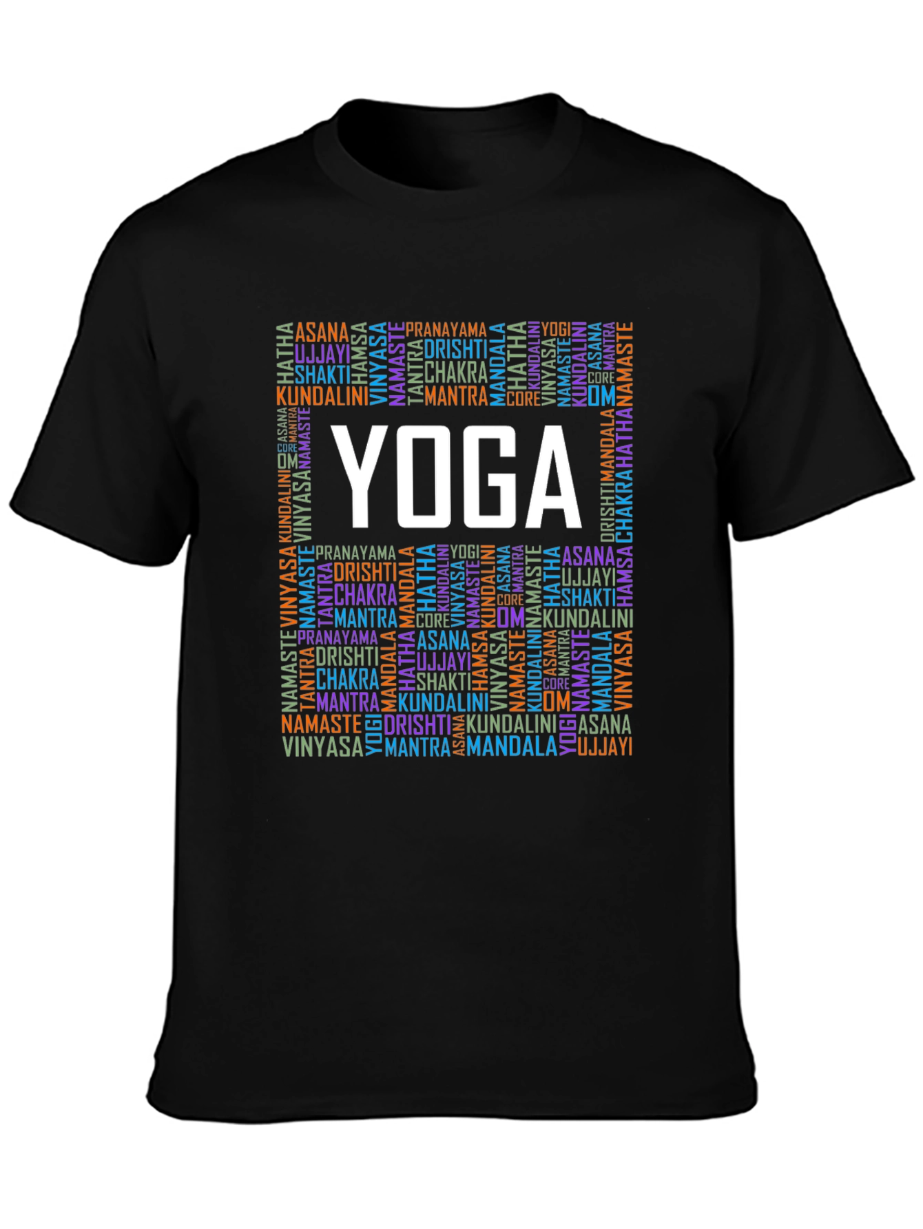 Black Yoga Word Art Graphic Tee - Asana Chakra Mantra Shirt view 3