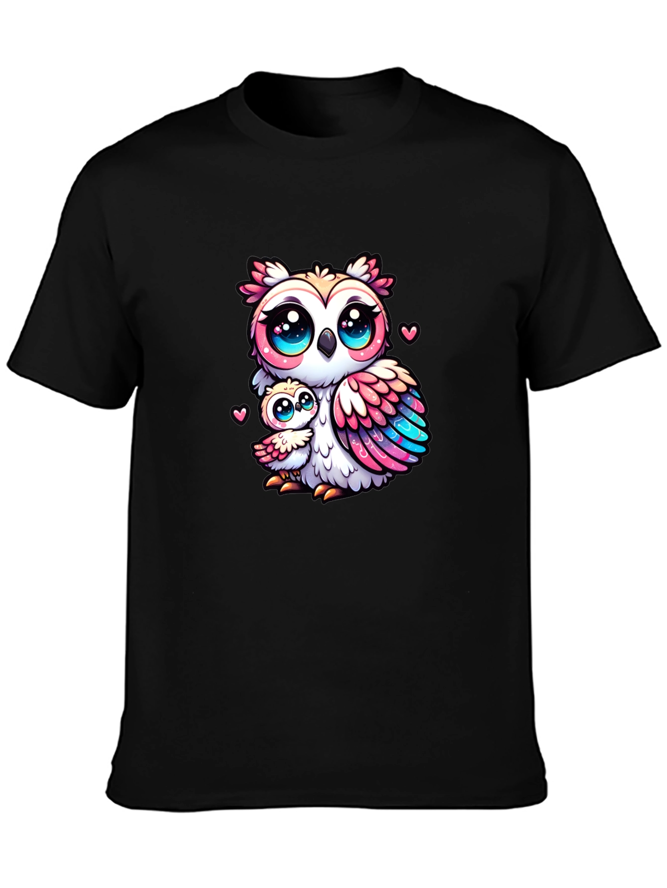 Black Cute Owl Family Graphic Tee - Black Cotton Shirt view 3