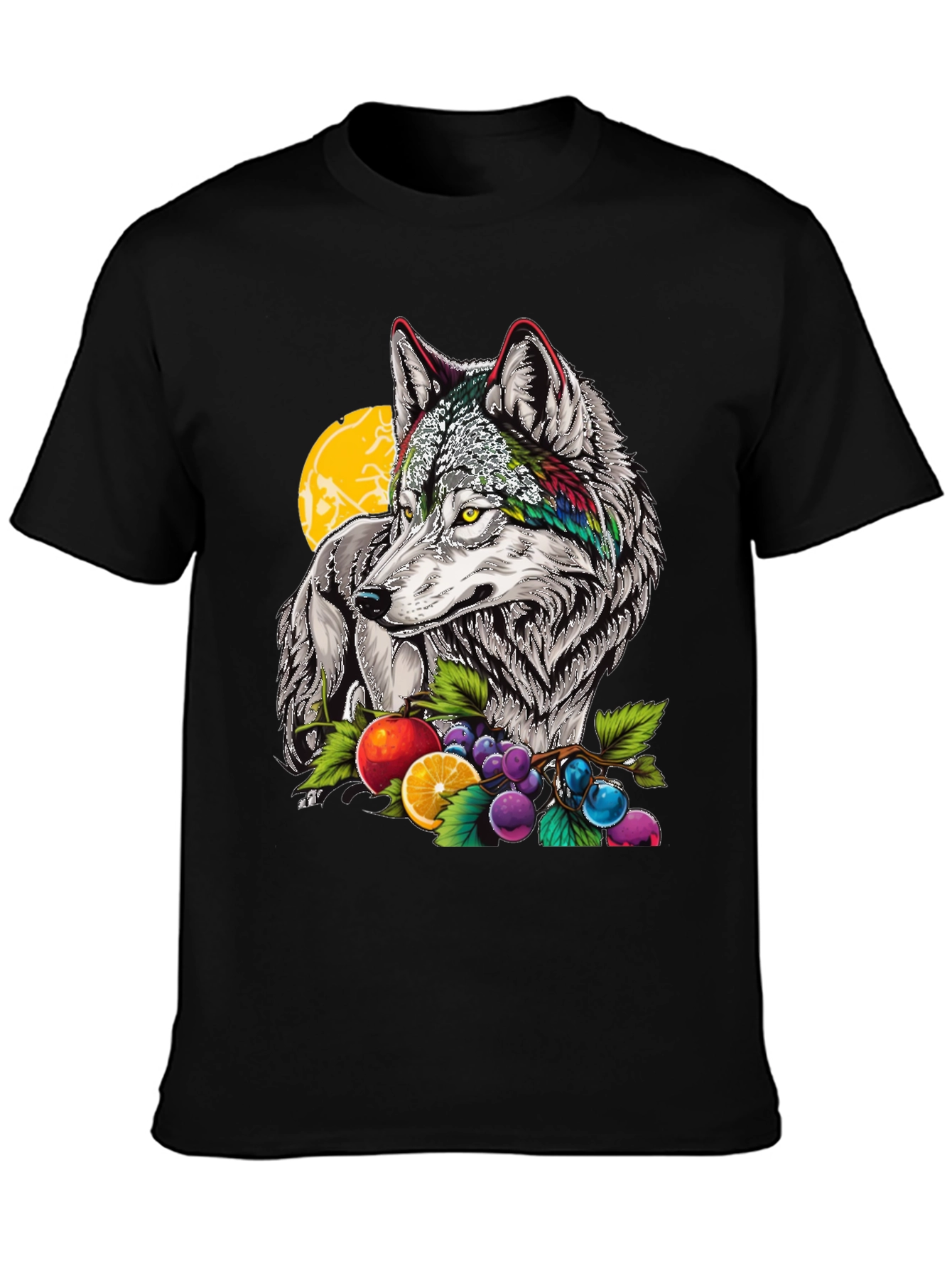 Black Wolf & Fruit Graphic Print T-Shirt - Black view 3