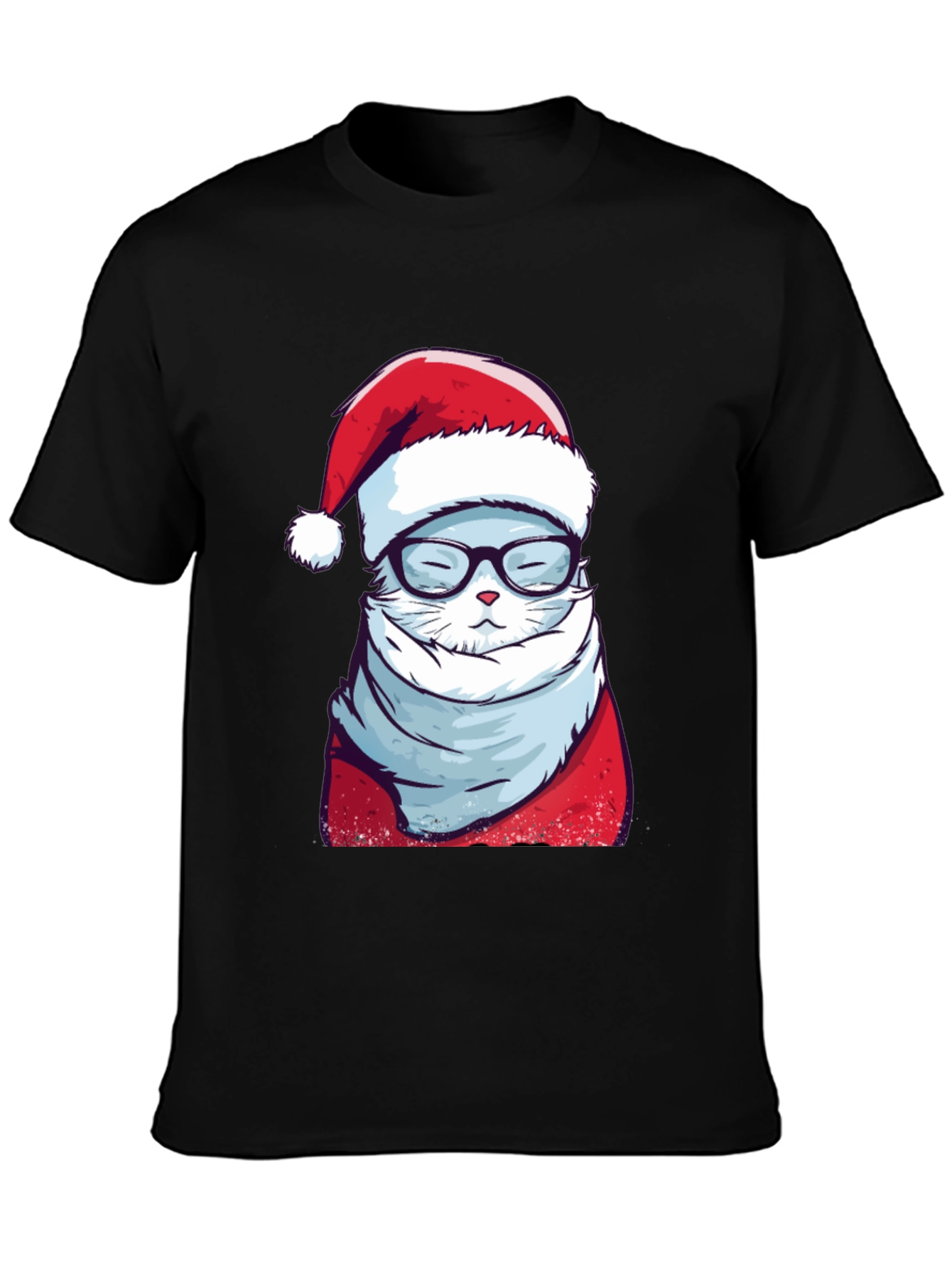 Black Holiday Cat T-Shirt: Santa Hat & Glasses view 3