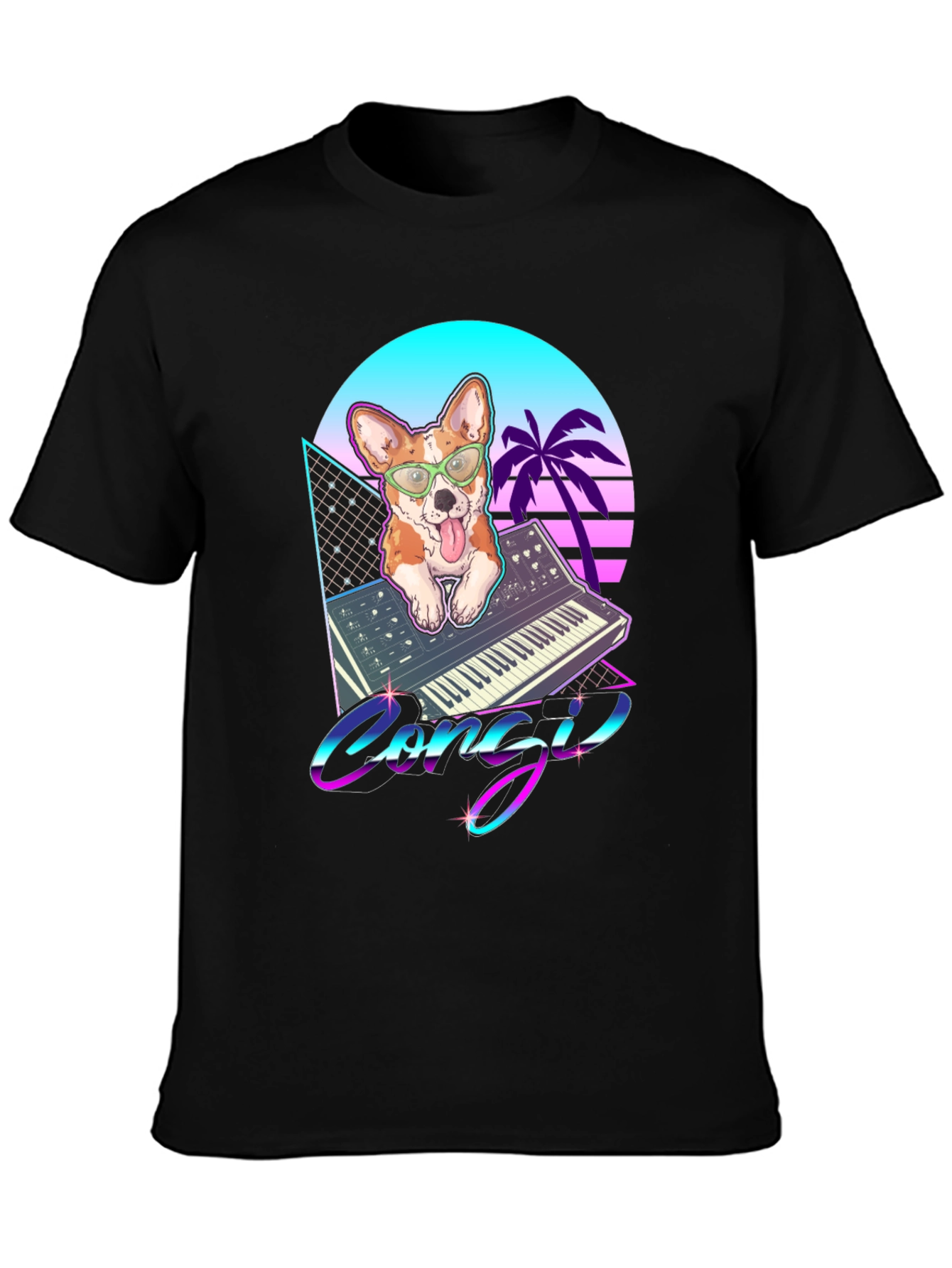 Black Retro Corgi Synthwave Graphic T-Shirt view 3