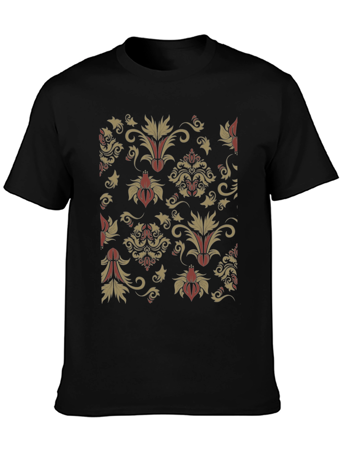 Black Floral Damask Print Black Crewneck T-Shirt view 3