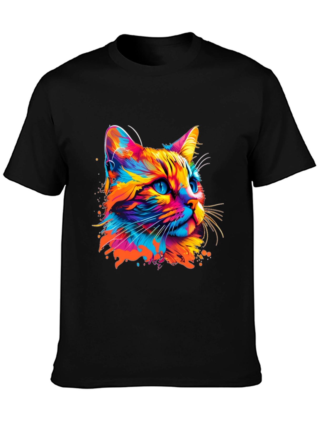 Black Vibrant Cat Graphic Print Black T-Shirt view 3