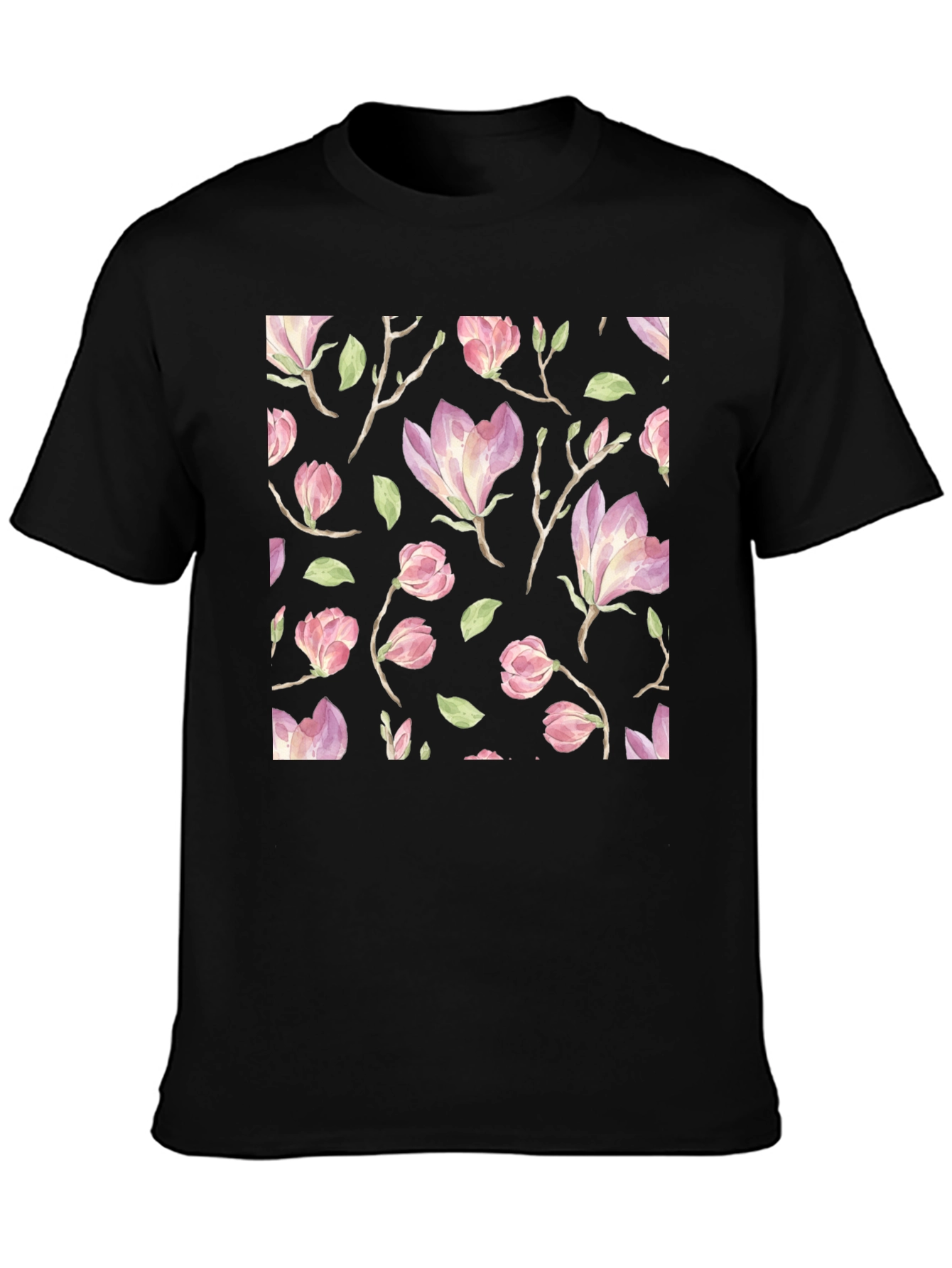 Black Floral Print T-Shirt - Black Cotton Blend view 3