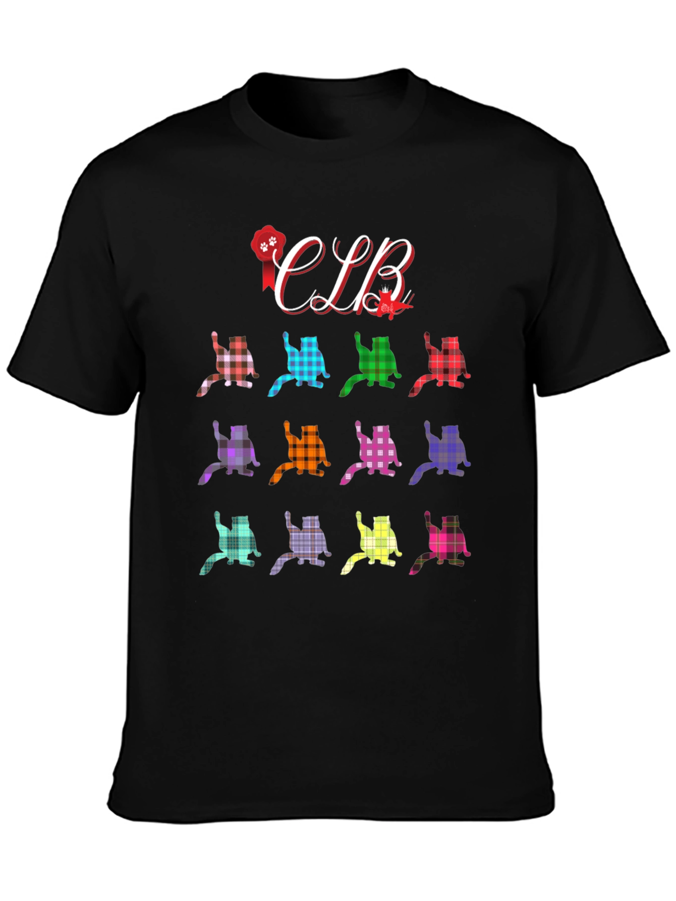 Black Colorful Plaid Cat Lover T-Shirt view 3