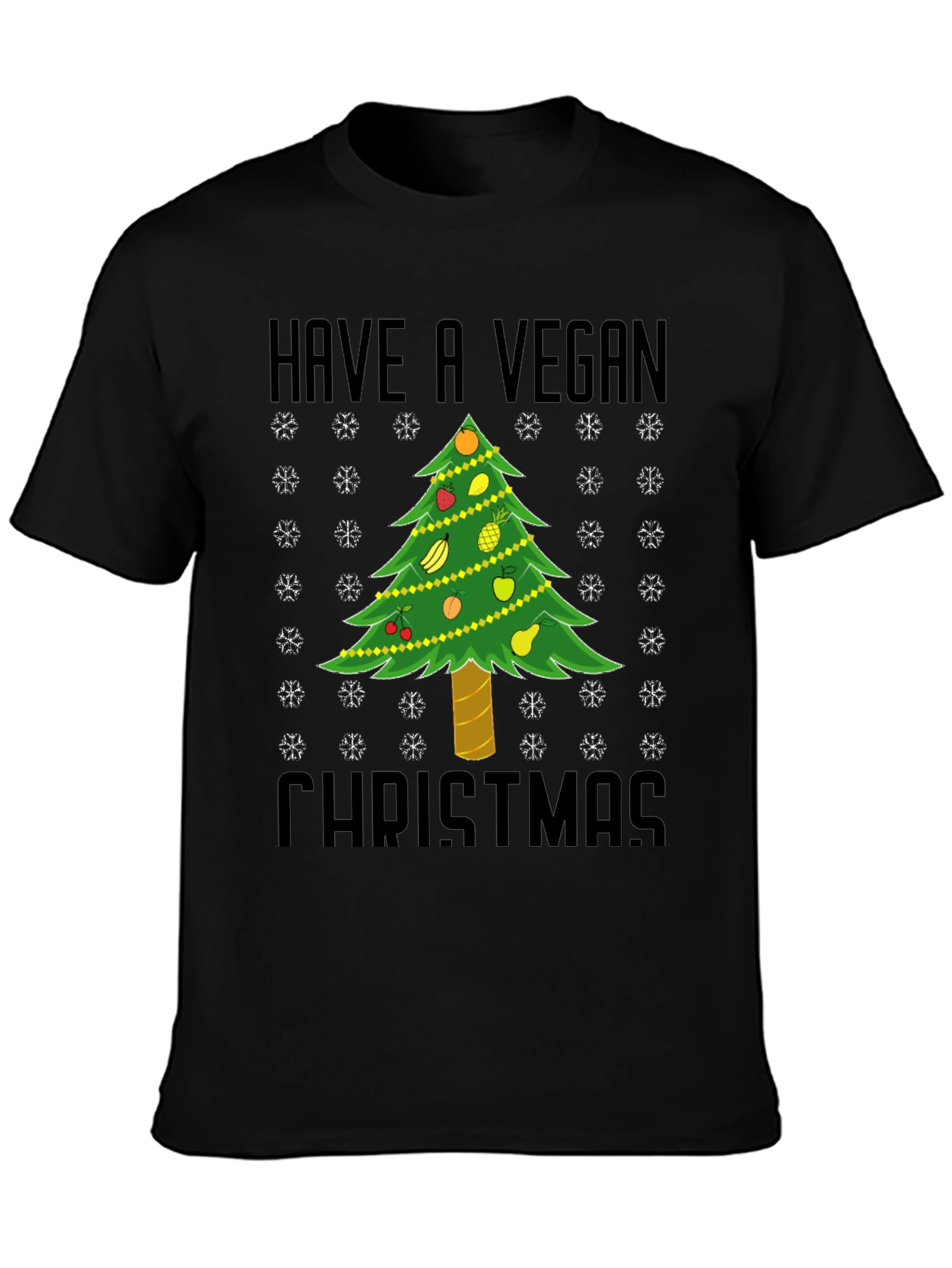 Black Vegan Christmas T-Shirt - Holiday Tree Fruit Design view 3