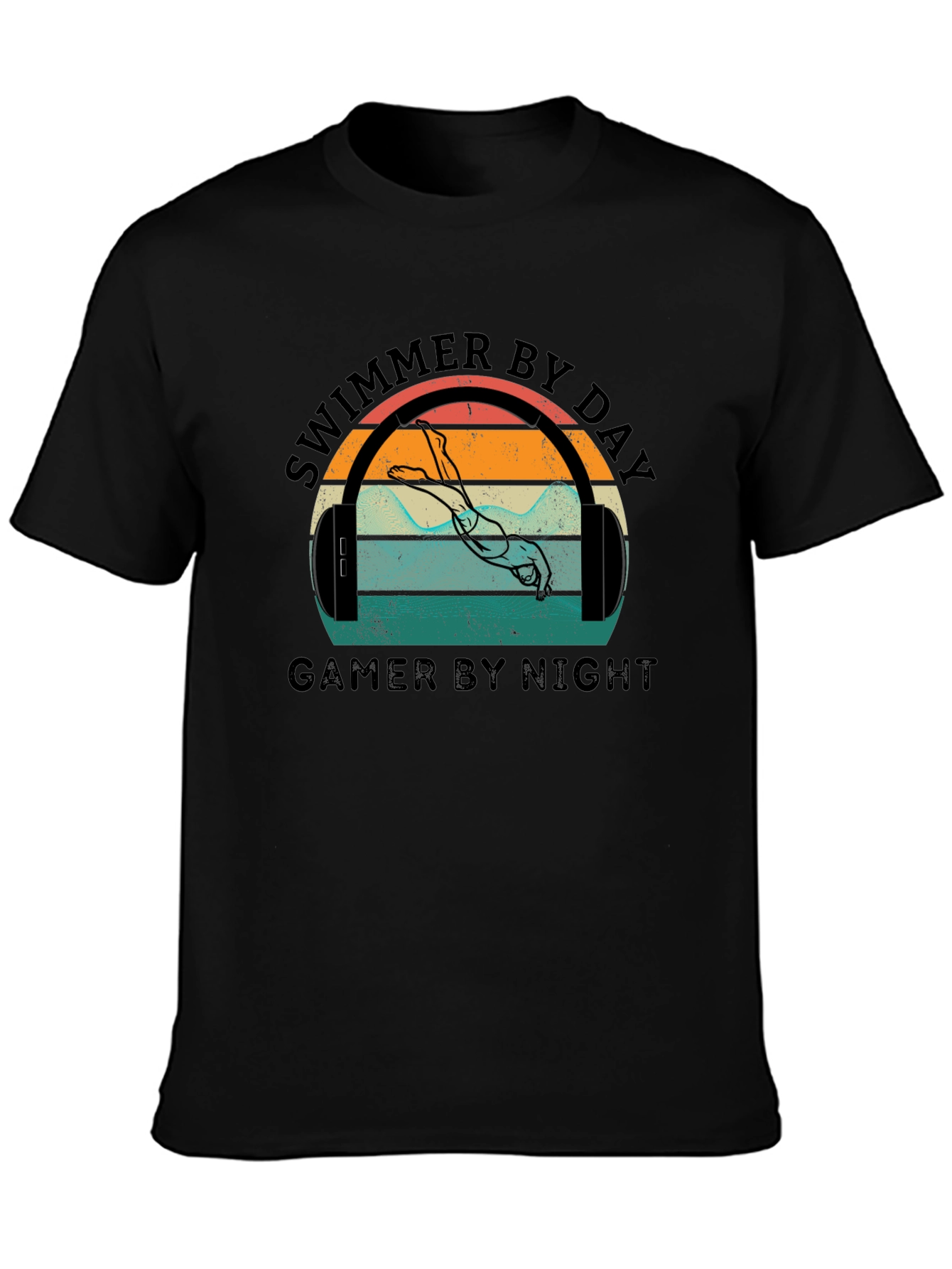 Black Swimmer By Day Gamer By Night Graphic T-Shirt view 3