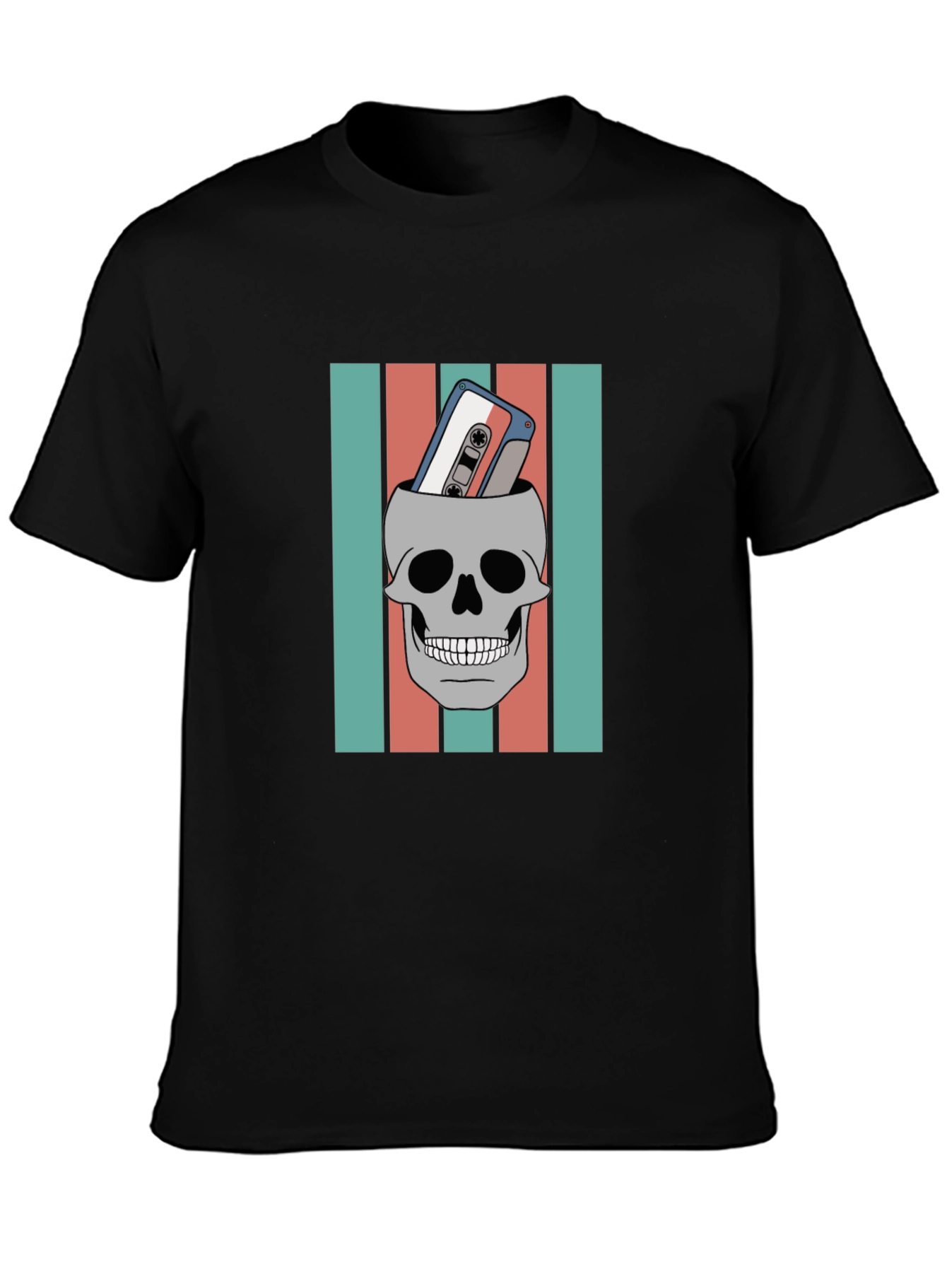 Black Skull & Cassette Tape Graphic Tee - Retro Music Vibes view 3