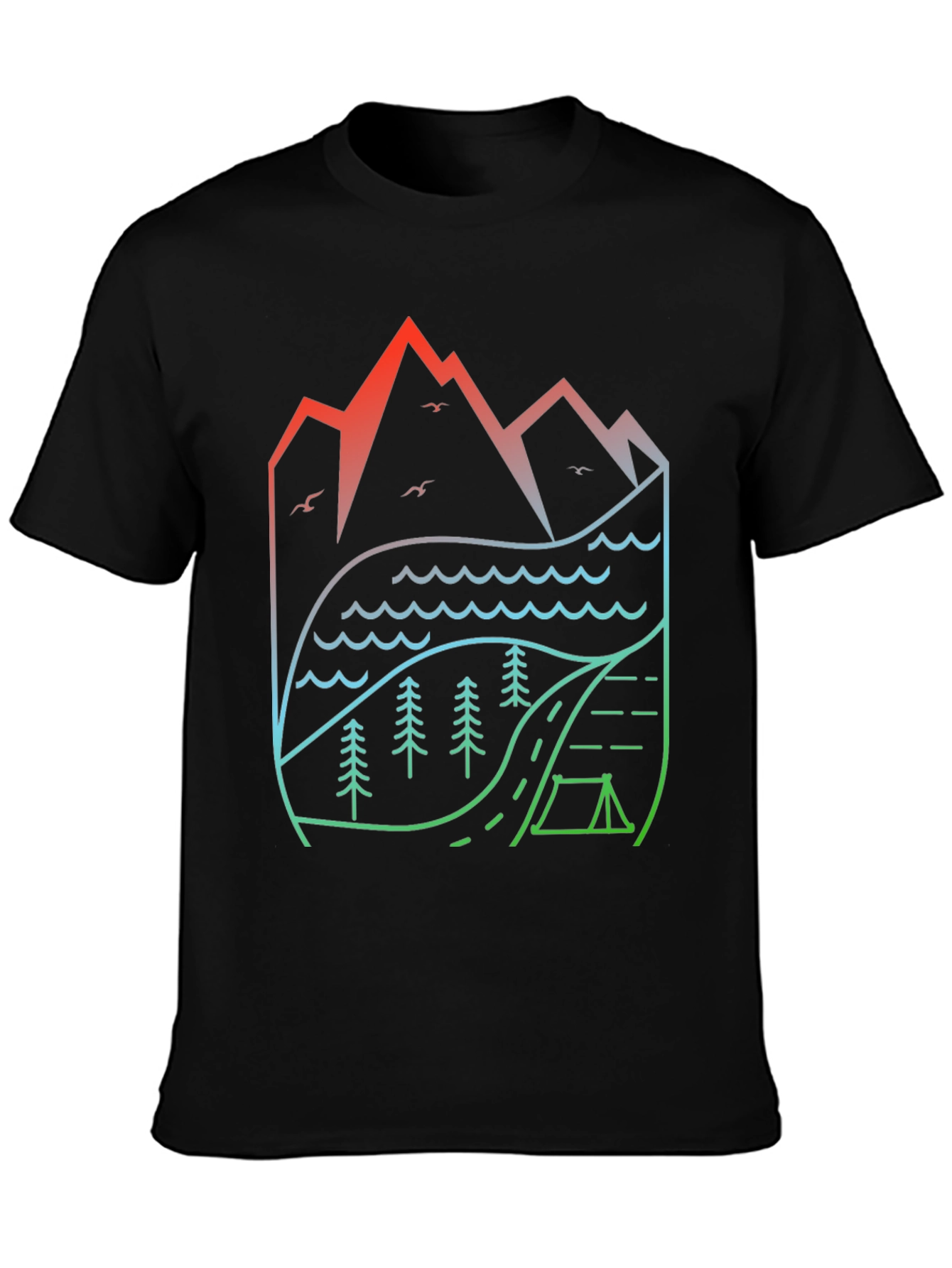 Black Nature's Embrace T-Shirt: Mountain, Lake, Camping Design view 3