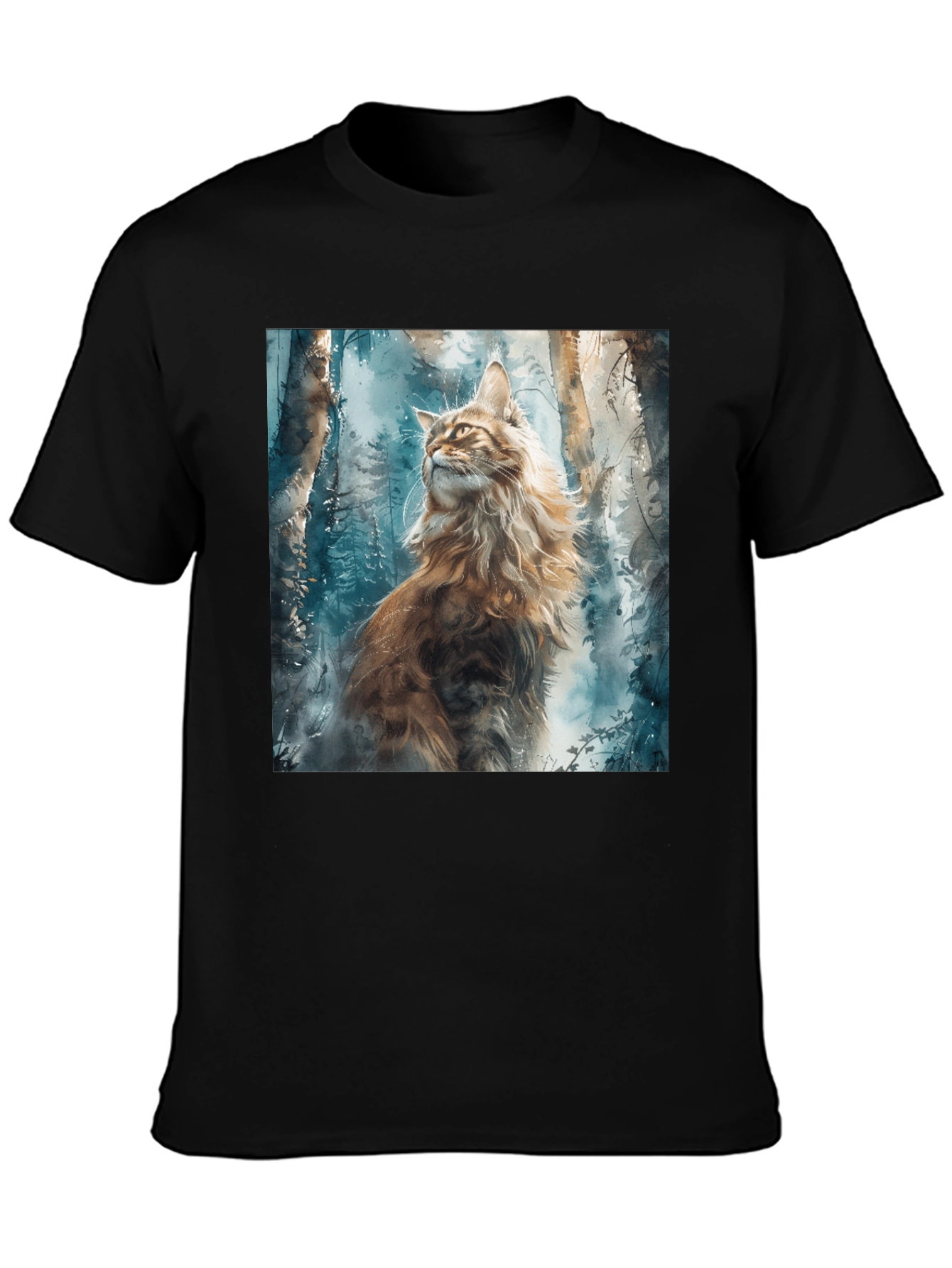 Black Watercolor Cat in Forest Graphic Tee view 3