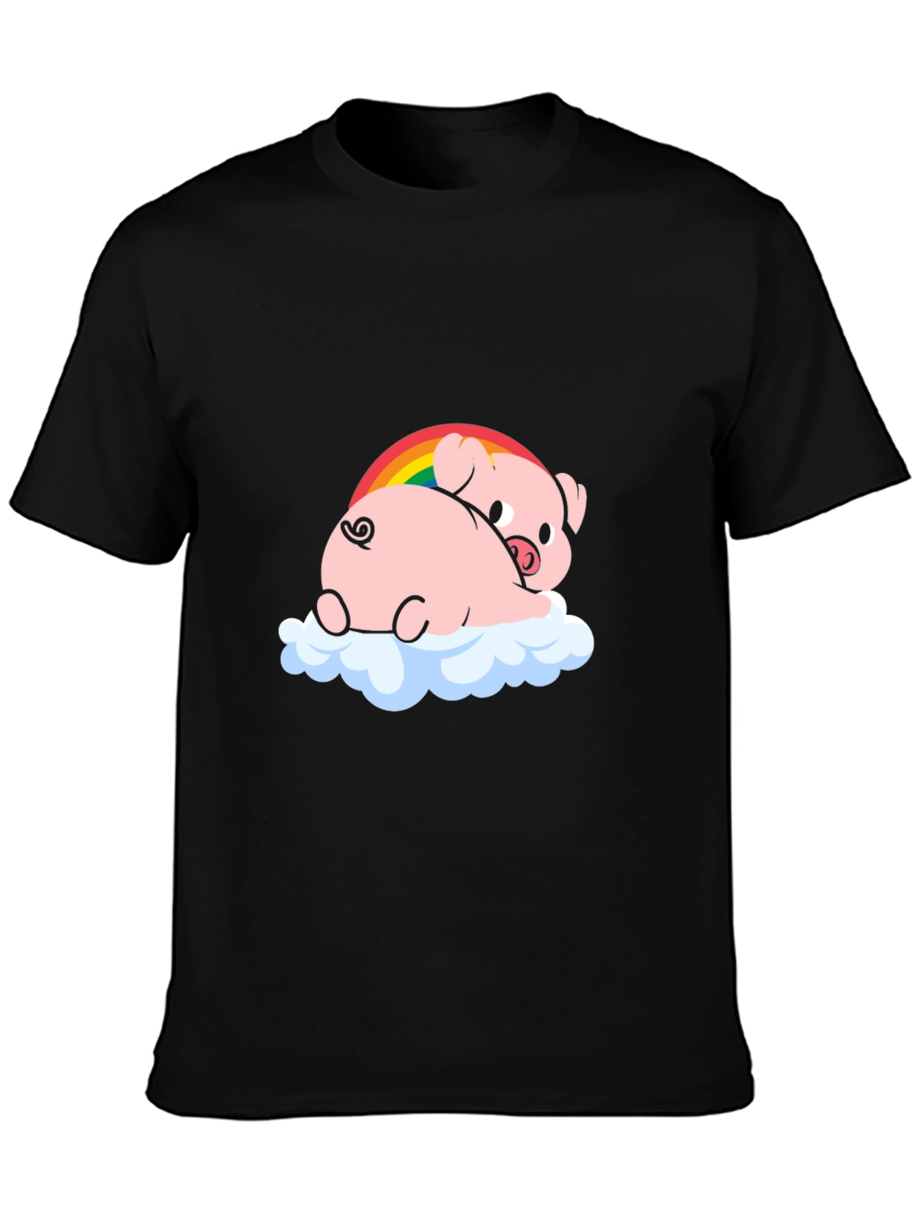 Black Cute Pig Rainbow Cloud Graphic T-Shirt view 3