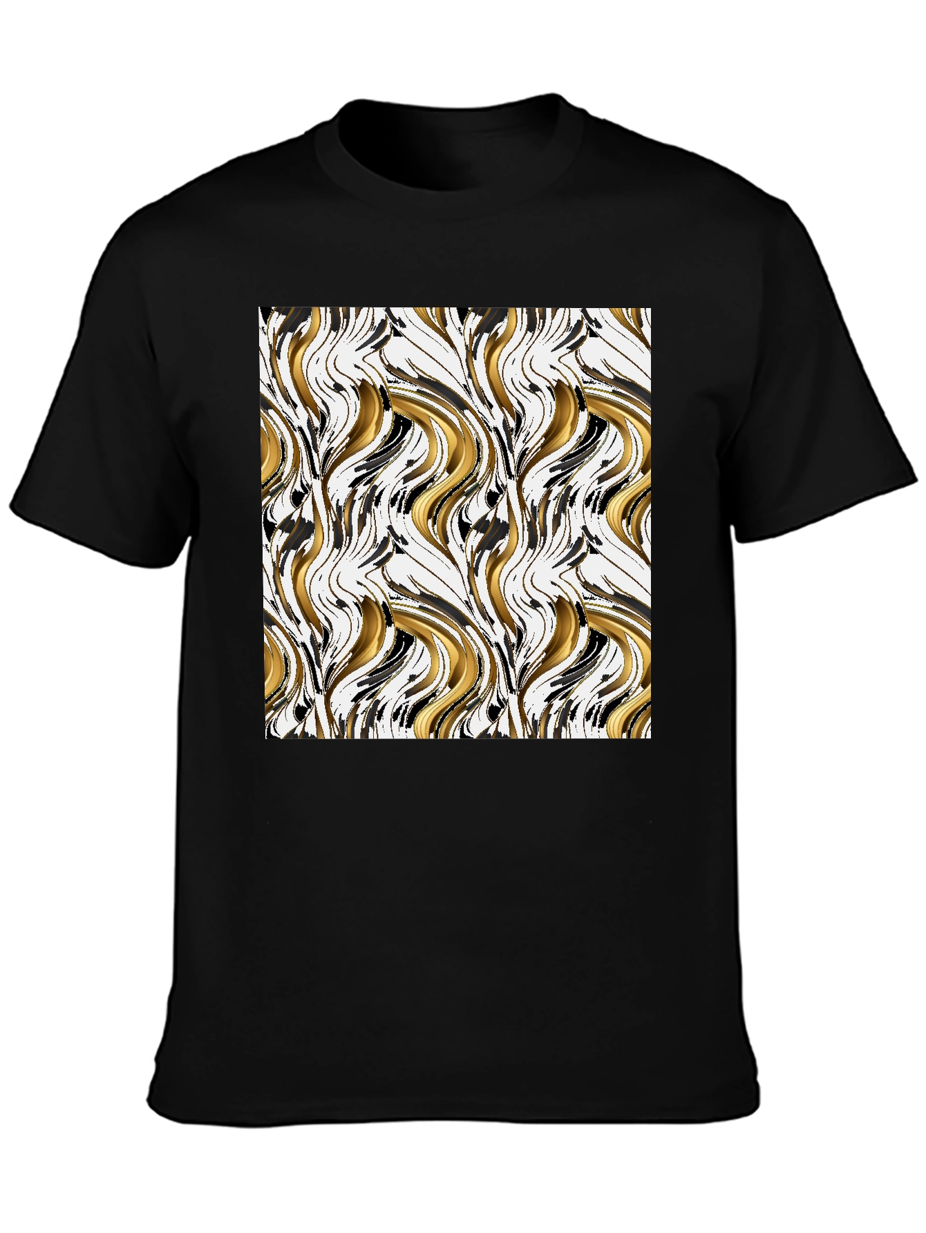 Black Abstract Gold & Black Swirl Print Black T-Shirt view 3