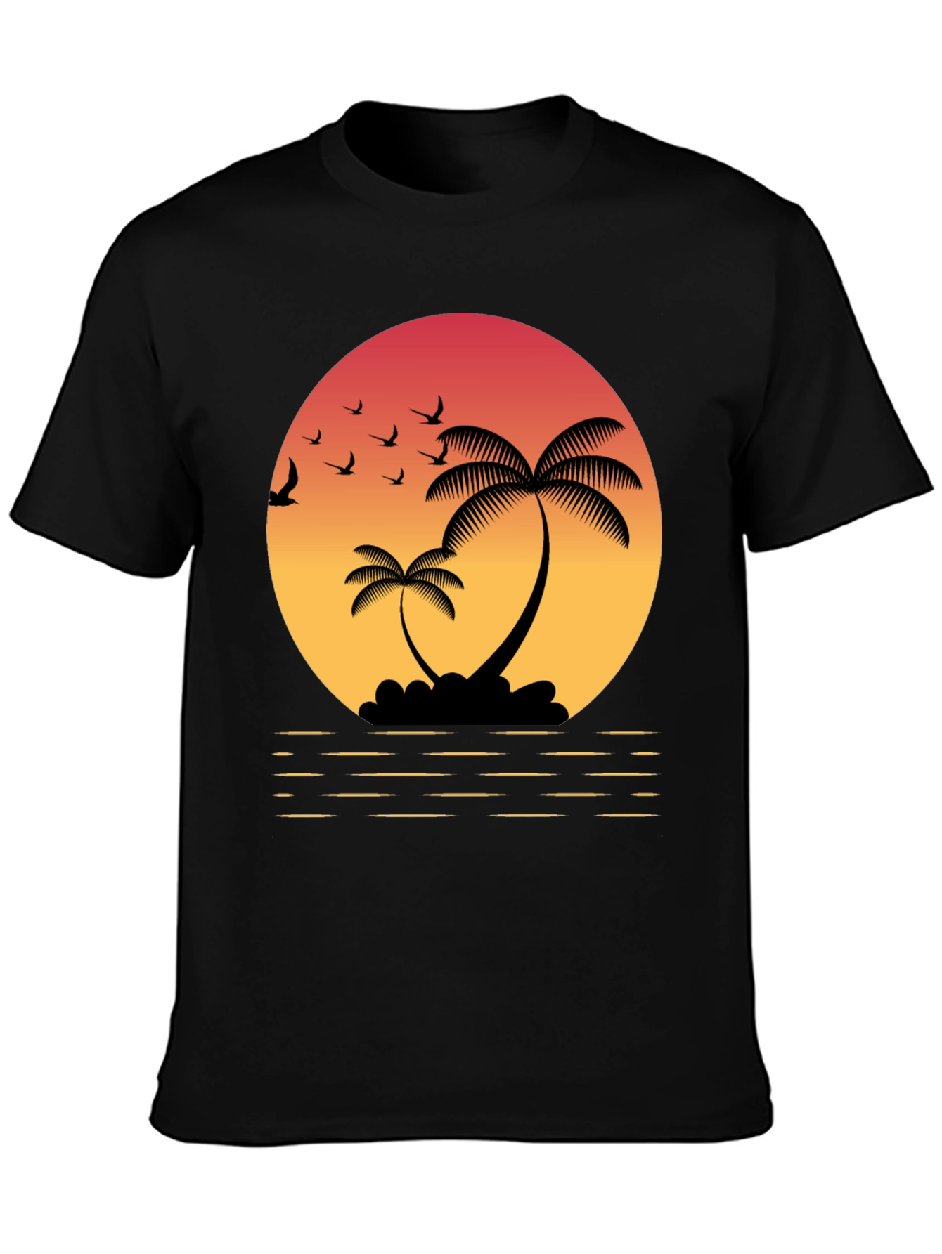 Black Tropical Sunset T-Shirt: Palm Trees & Birds view 3