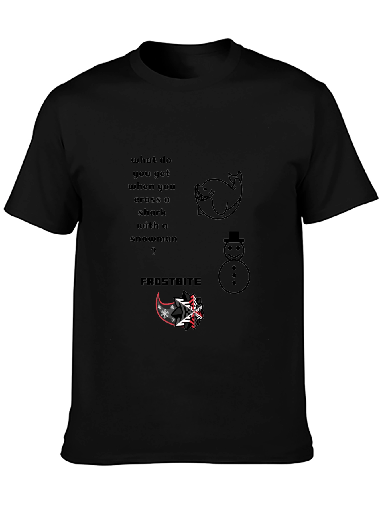 Black Shark Snowman Frostbite Pun T-Shirt view 3