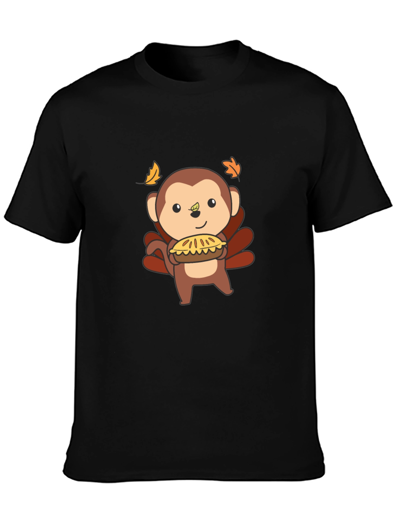 Black Thanksgiving Monkey Holding Pie Black T-Shirt view 3