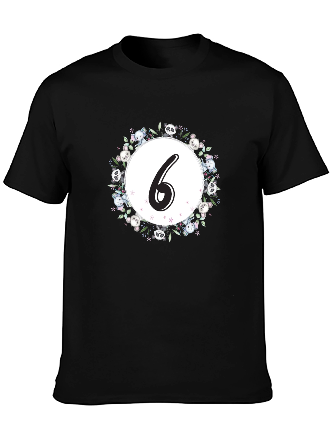 Black Cute Number 6 Panda Floral Wreath Black T-Shirt view 3