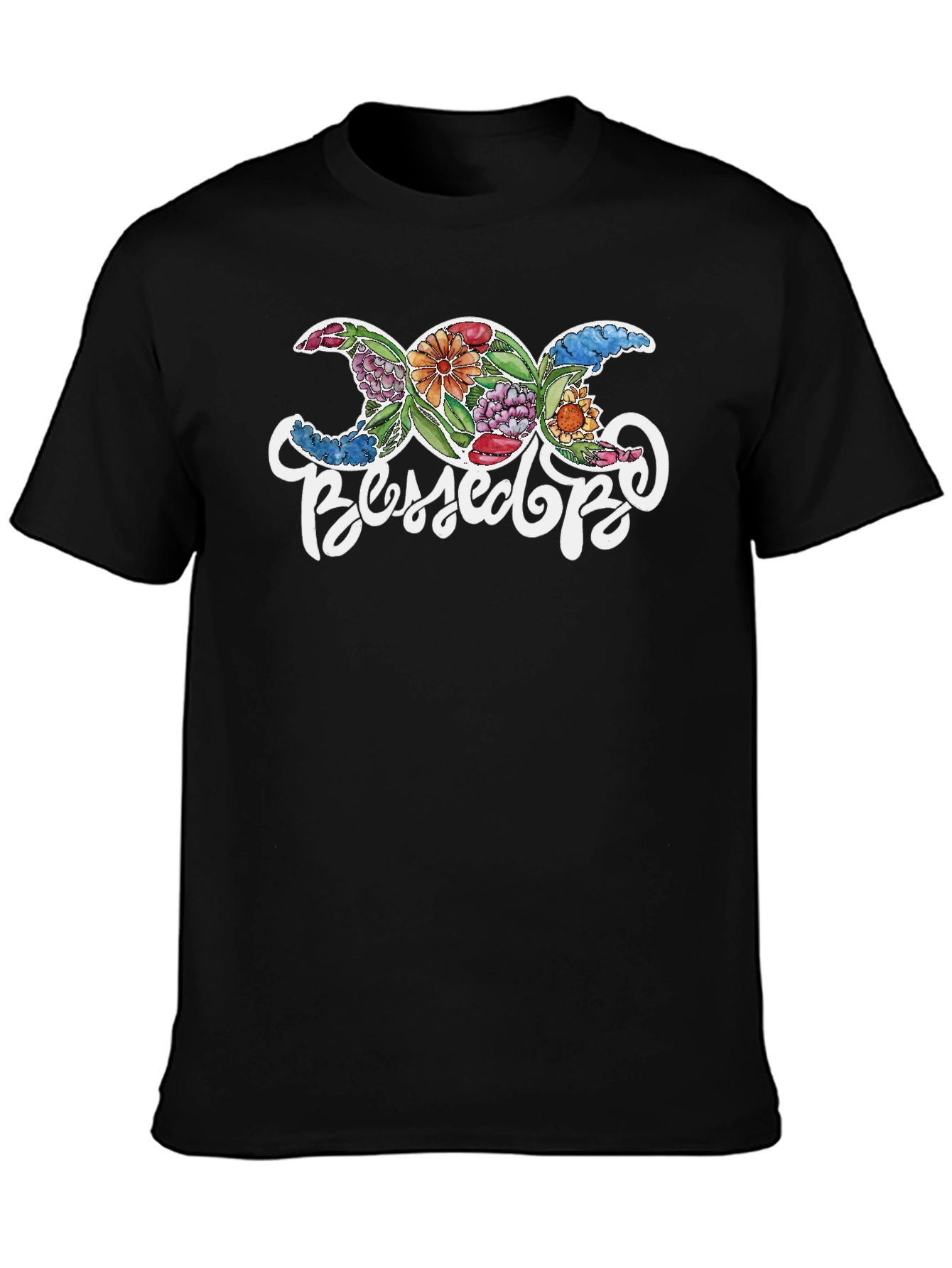 Black Floral Triple Moon Goddess Blessed Be T-Shirt view 3