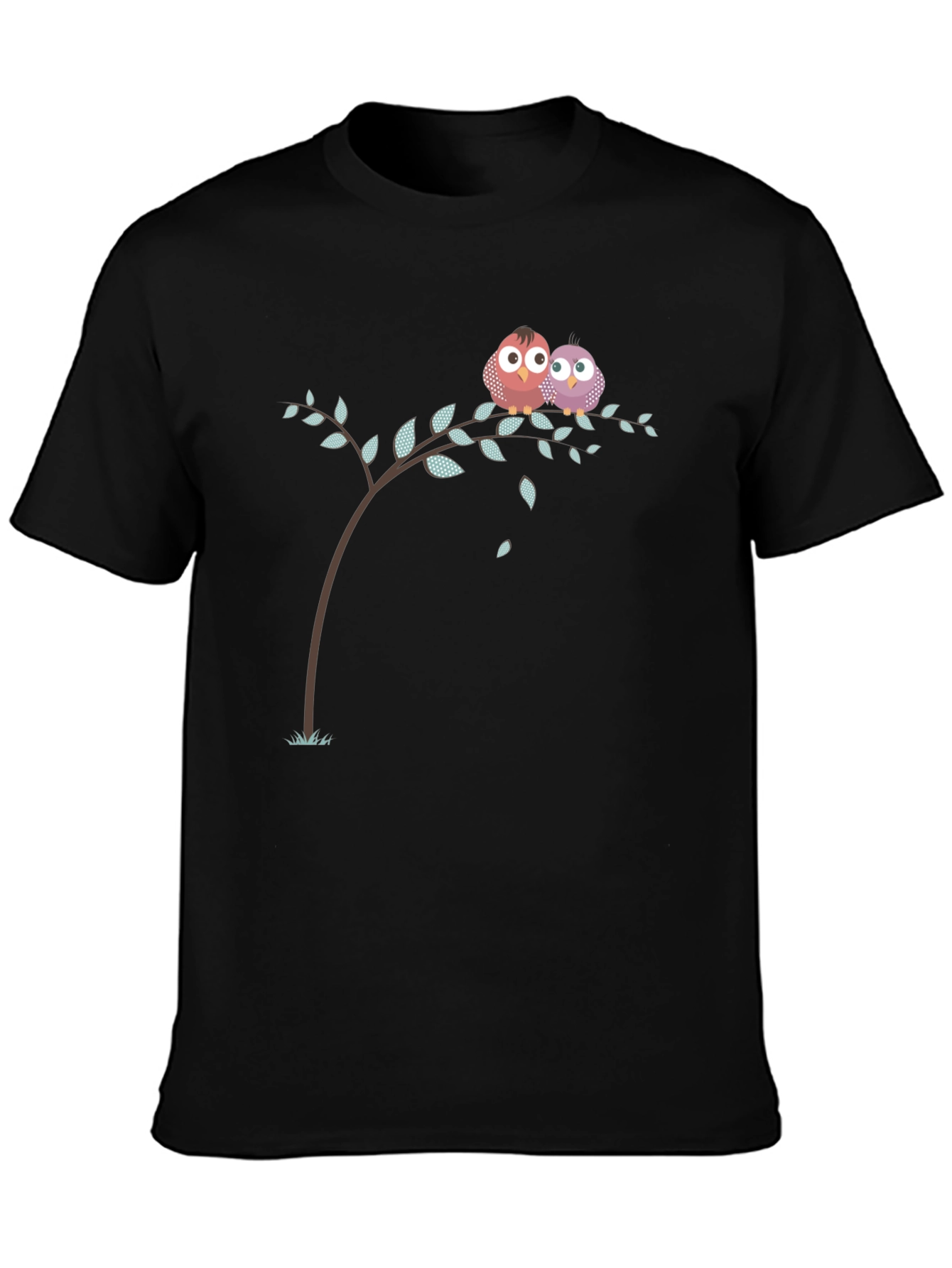 Black Cute Owl Couple on Branch Black T-Shirt view 3