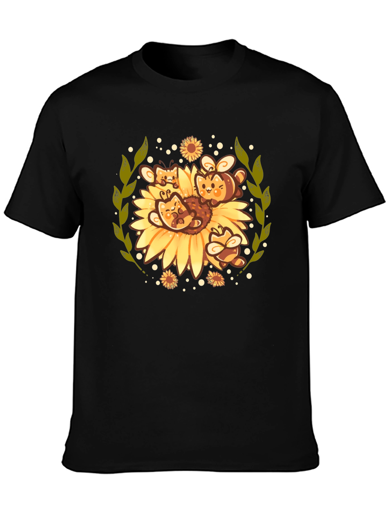 Black Cute Bee & Sunflower Graphic Tee view 3