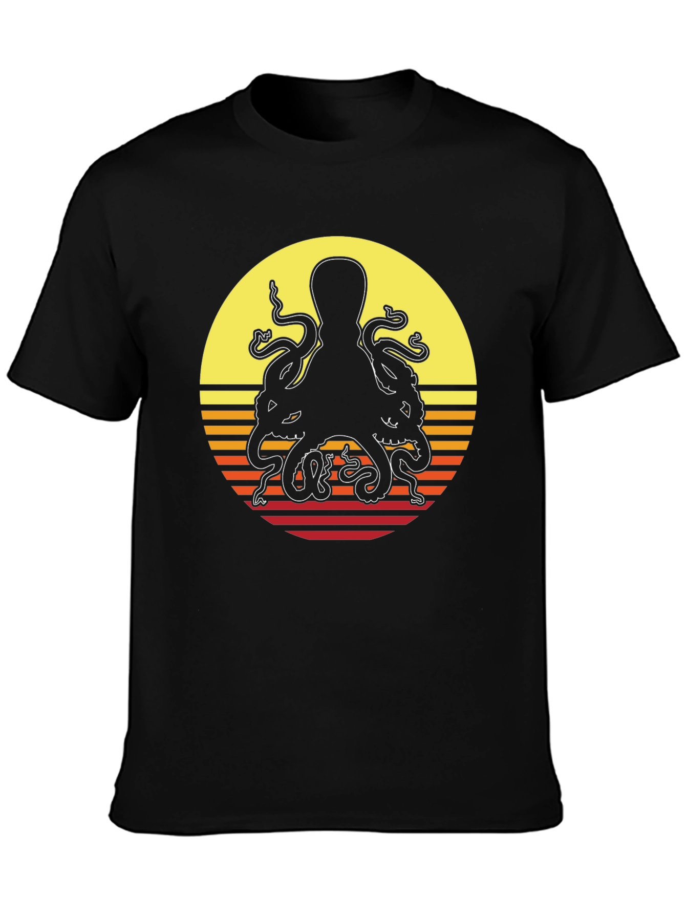 Black Retro Octopus Sunset Graphic T-Shirt view 3