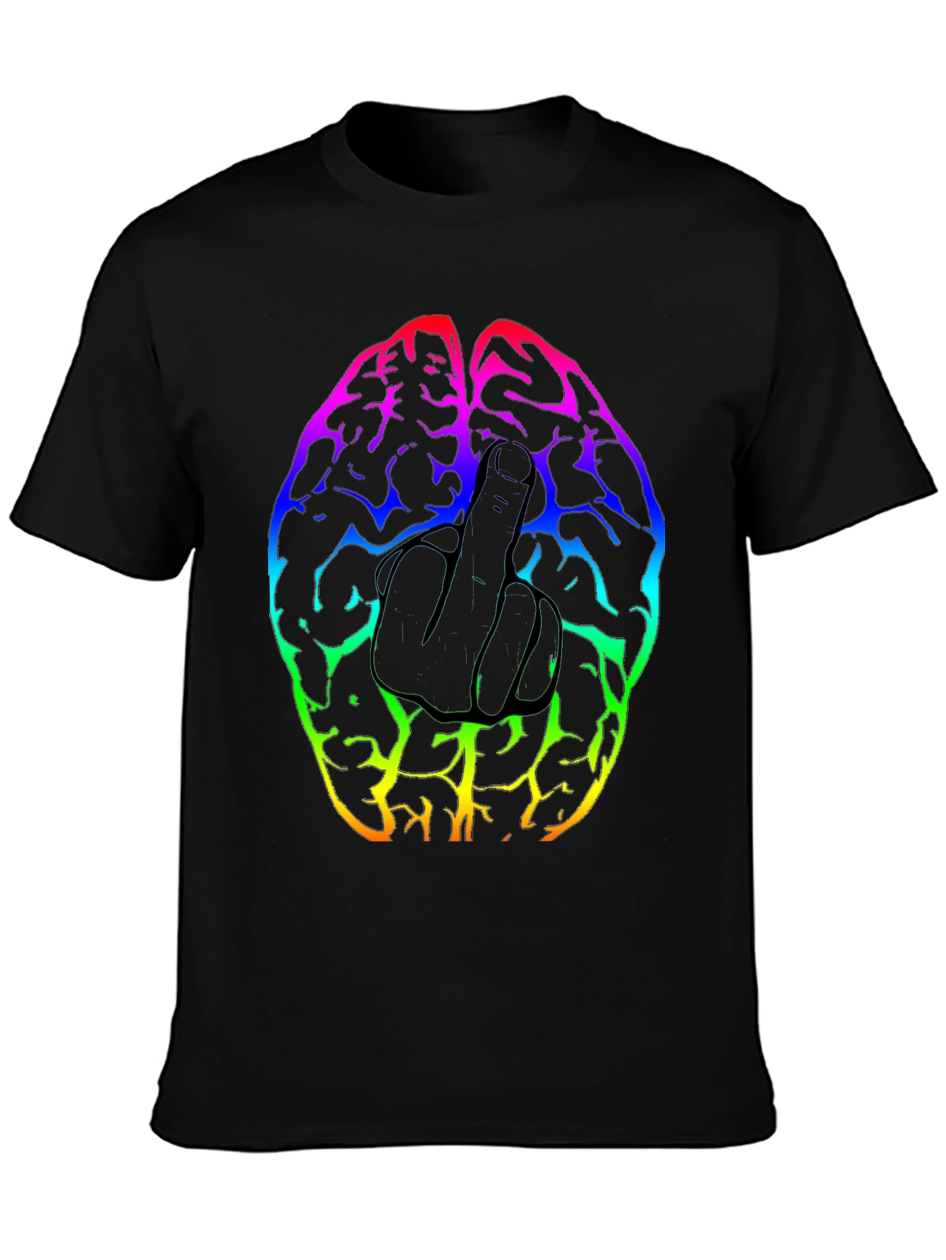 Black Rainbow Brain Middle Finger Graphic T-Shirt view 3
