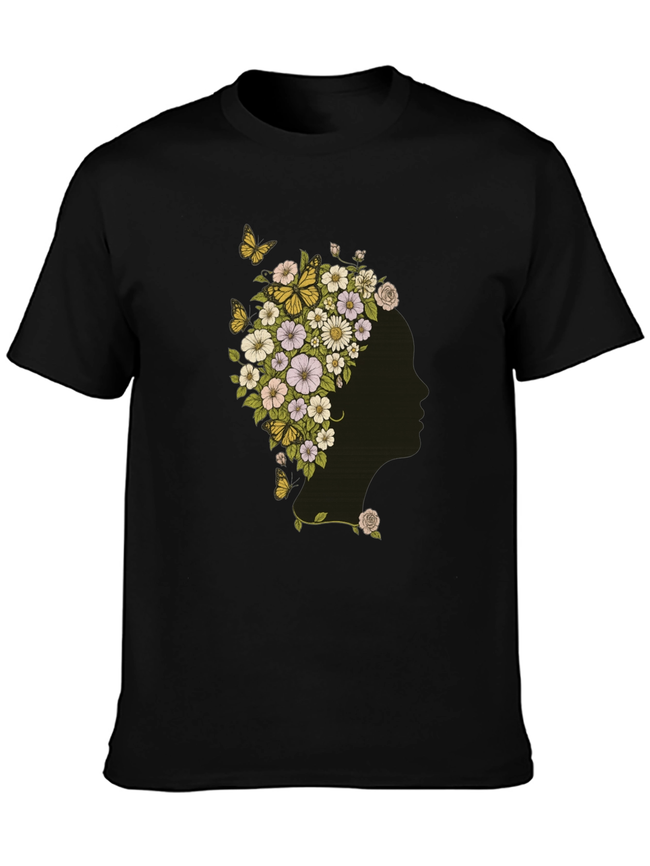 Black Floral Woman Graphic Tee - Black Cotton T-Shirt view 3