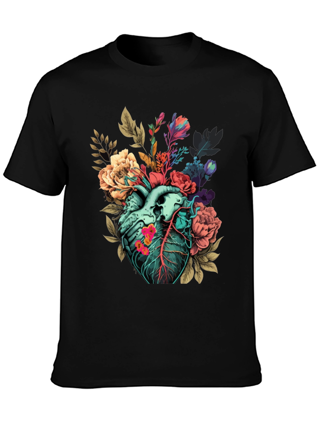 Black Floral Heart Print T-Shirt - Unique Anatomical Art view 3
