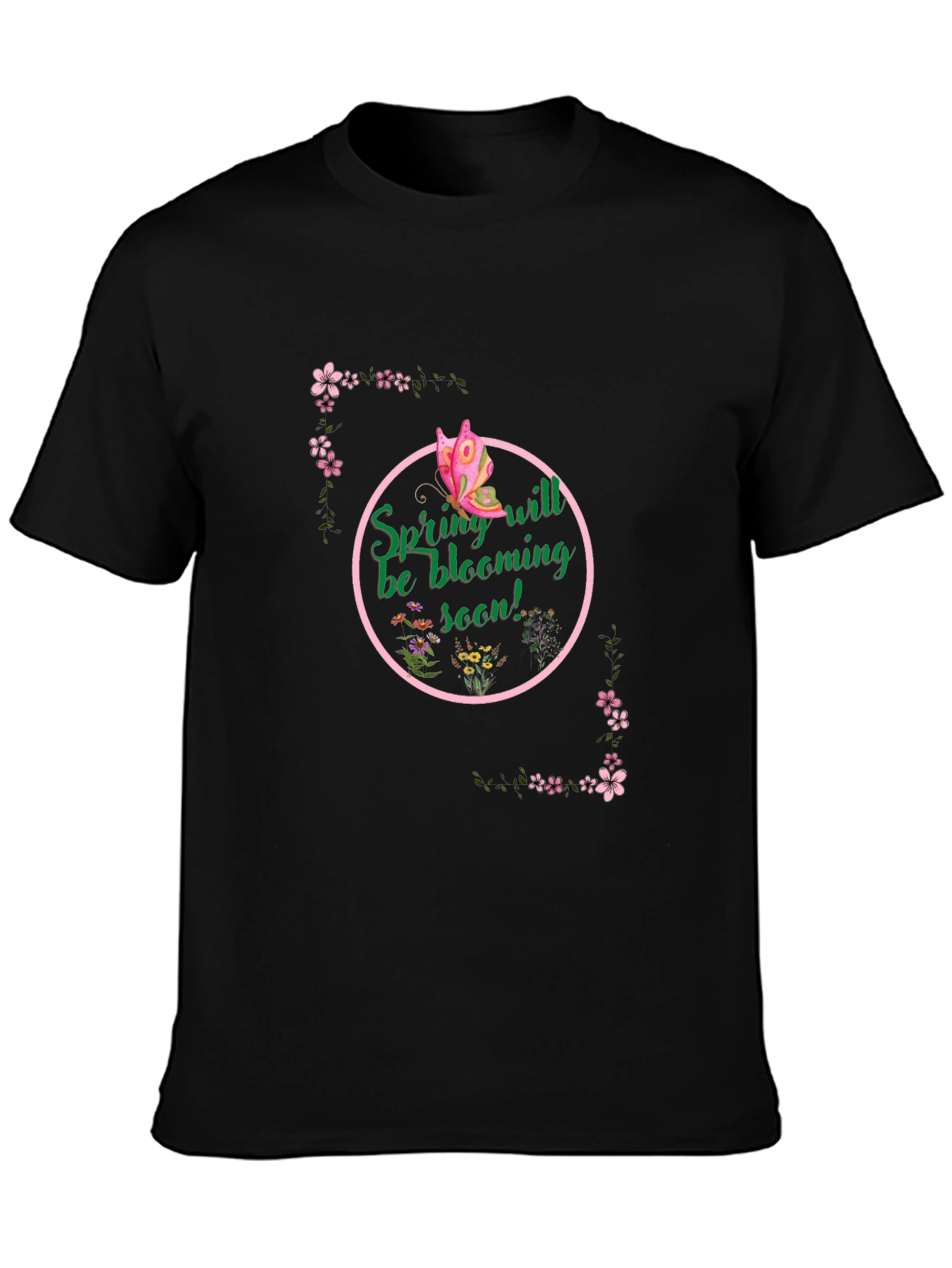 Black Spring Bloom T-Shirt - Butterfly & Floral Design view 3