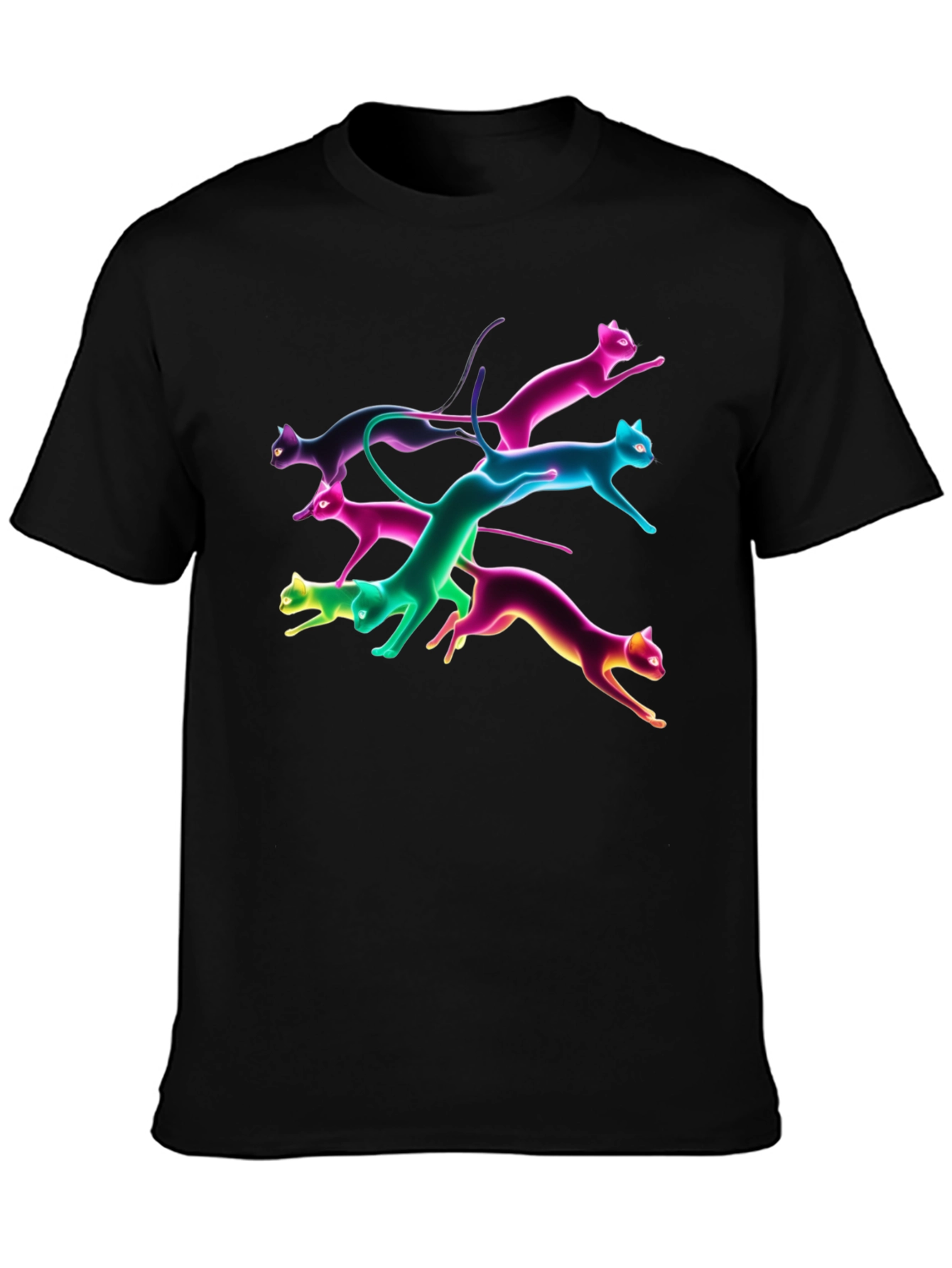 Black Neon Cats Black T-Shirt view 3