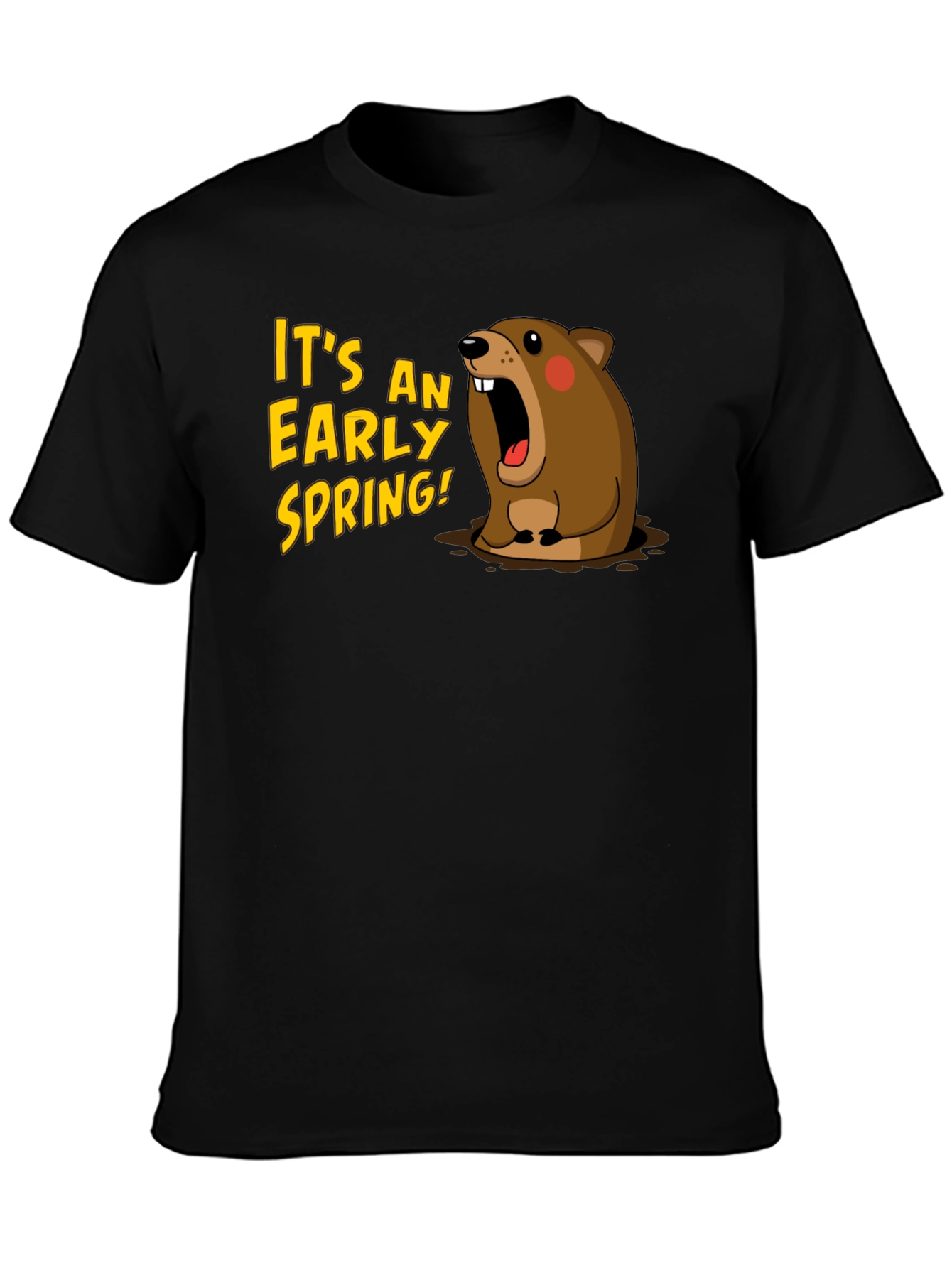 Black Early Spring Cartoon Groundhog Black T-Shirt view 3