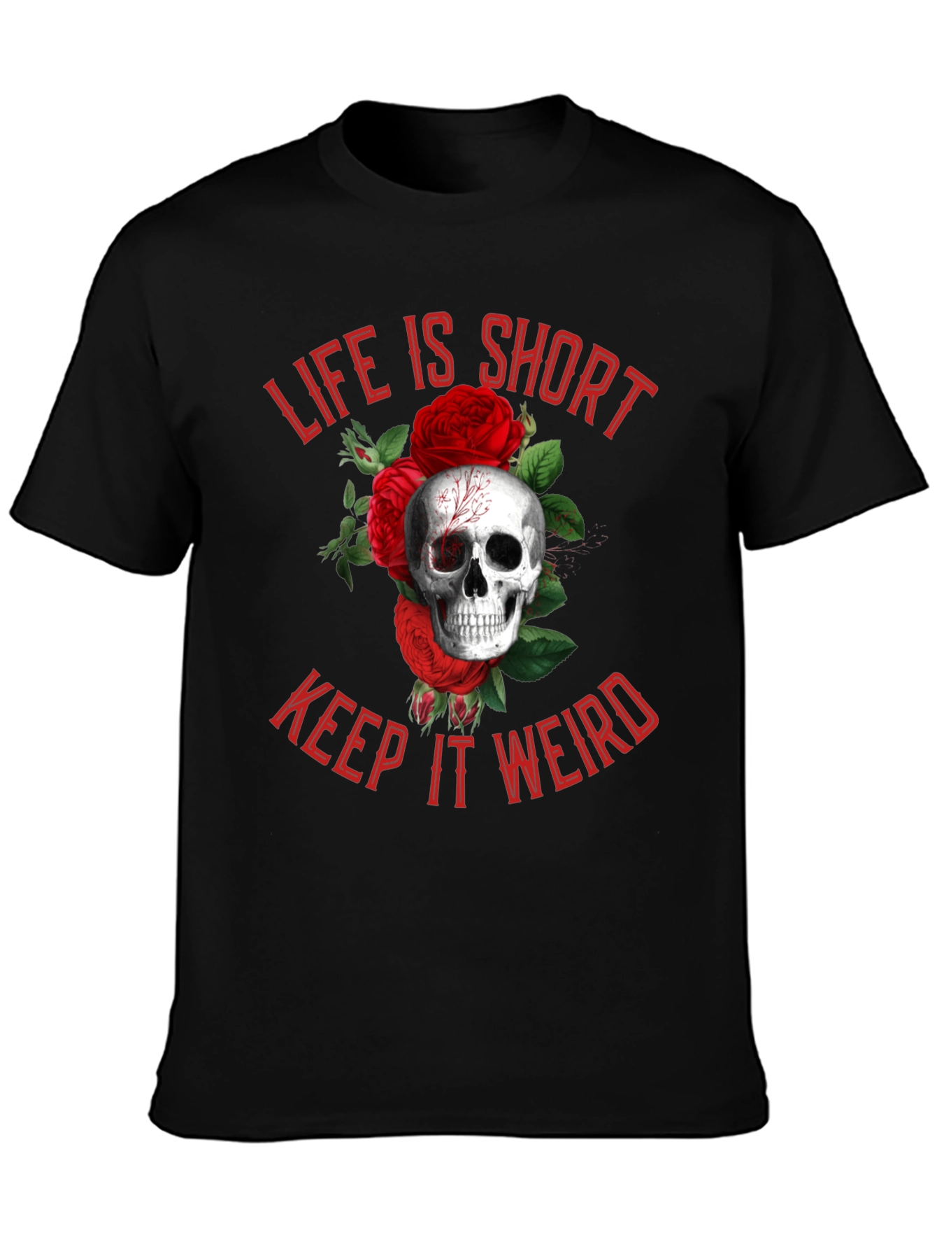 Black Life is Short, Keep it Weird Skull & Roses Graphic Tee view 3