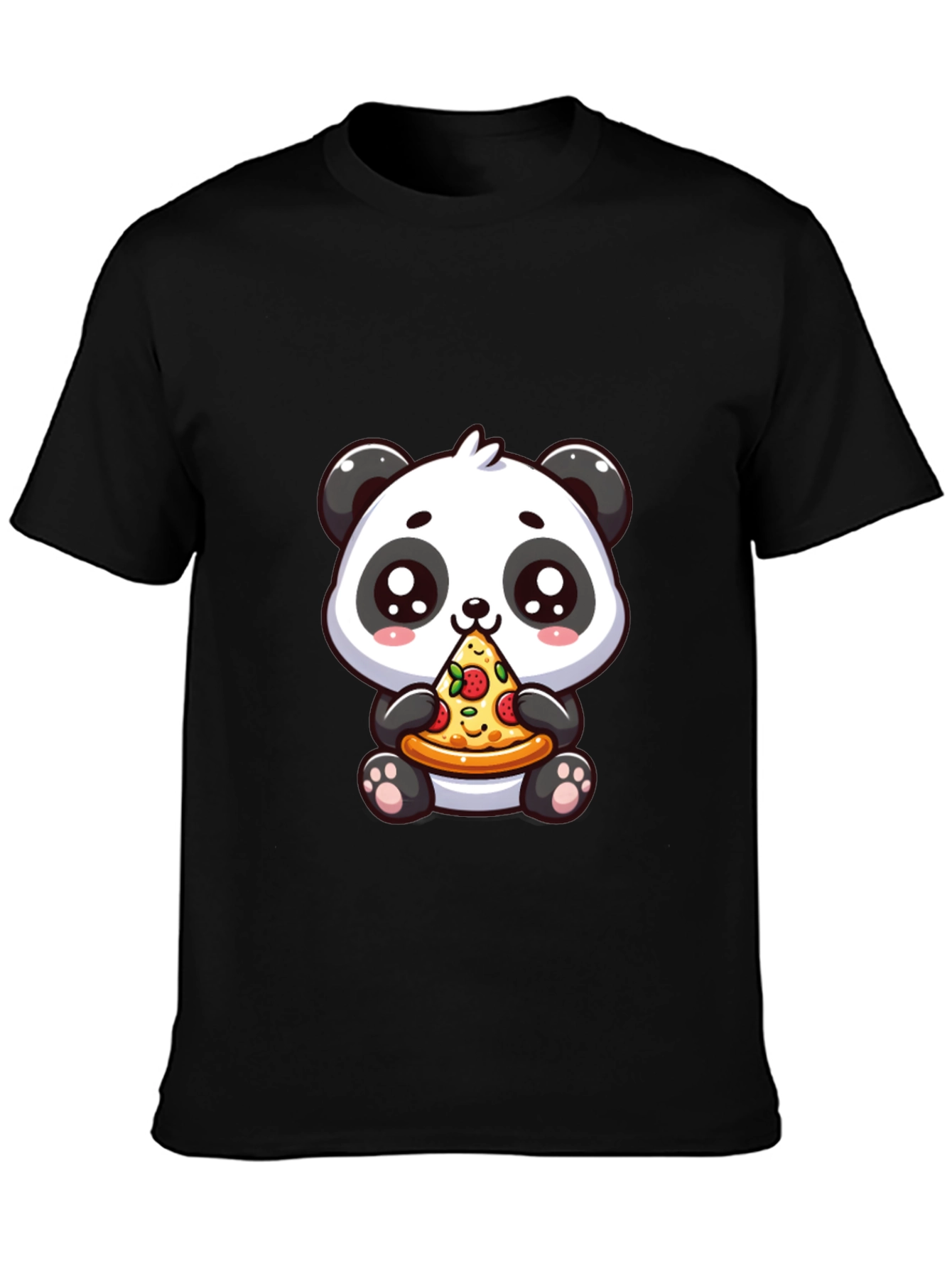 Black Cute Panda Pizza Graphic Black T-Shirt view 3
