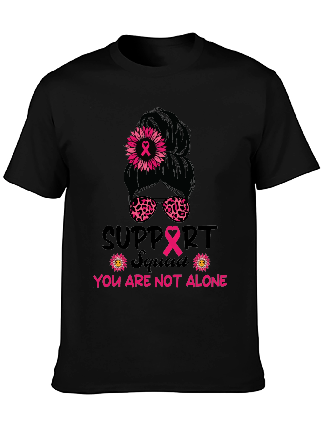 Black Breast Cancer Awareness Messy Bun Support Squad Tee view 3