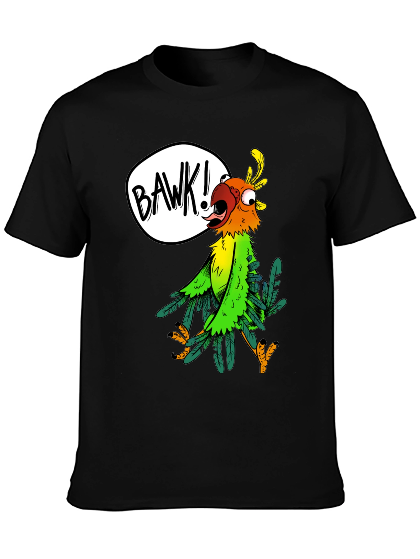 Black Cartoon Parrot Graphic Tee - 'BAWK!' Design view 3
