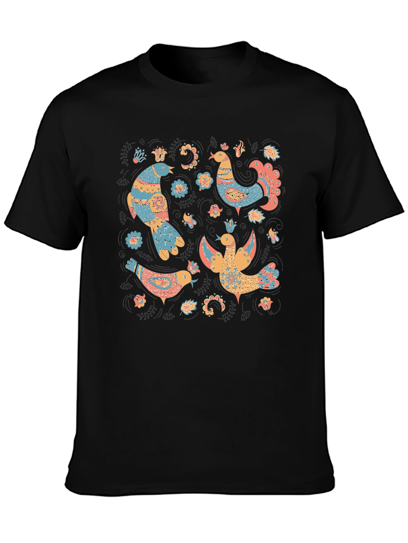 Black Whimsical Folk Art Bird T-Shirt view 3