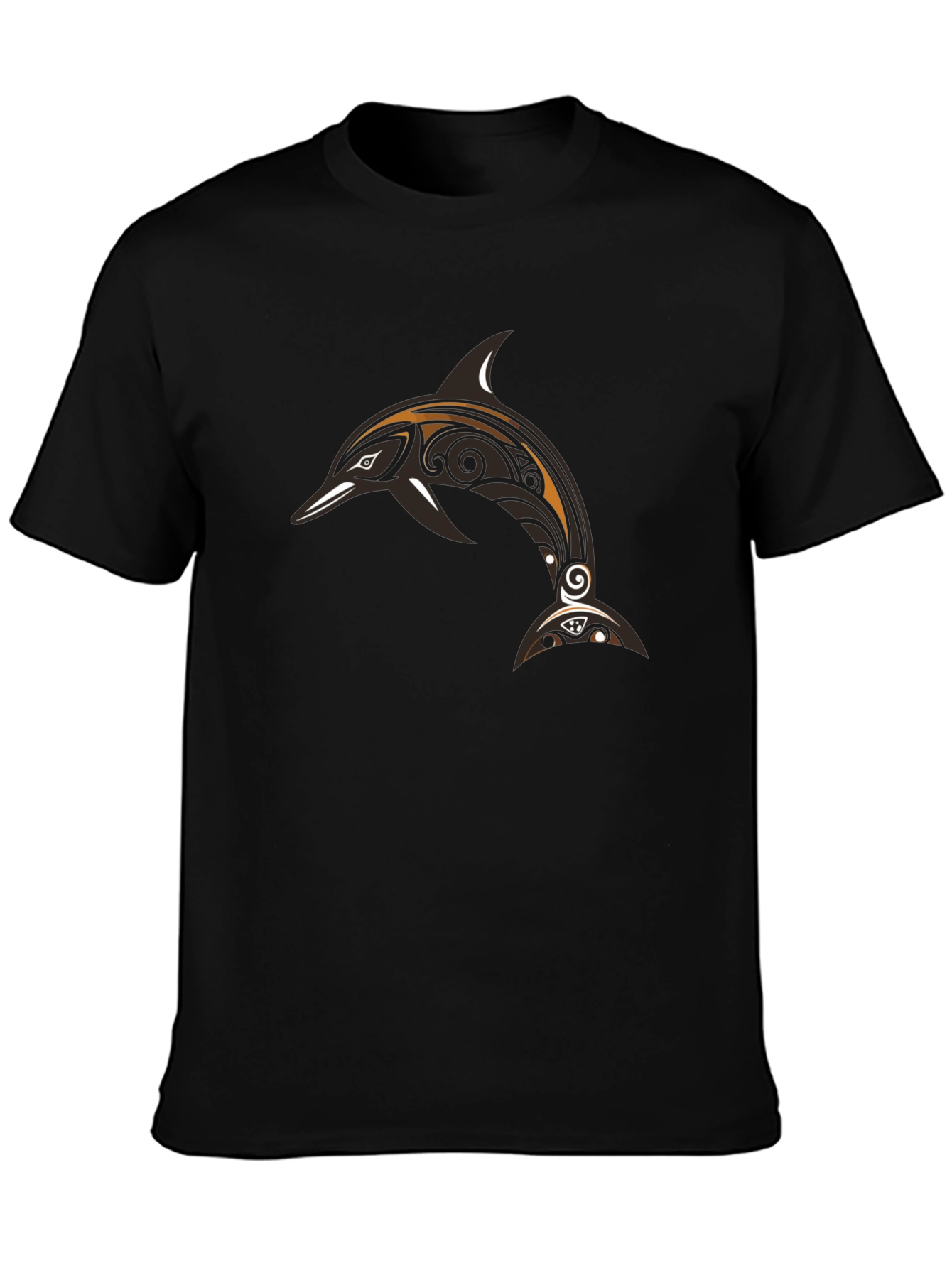Black Men's Black T-Shirt with Tribal Dolphin Design view 3