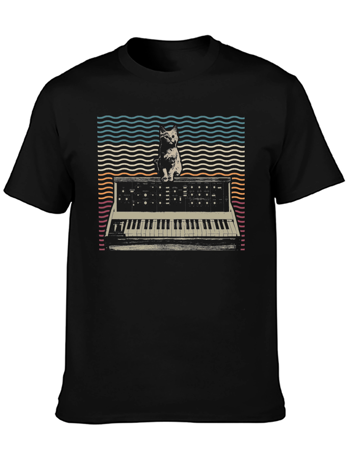 Black Cat Synth T-Shirt: Vintage Keyboard Tee view 3