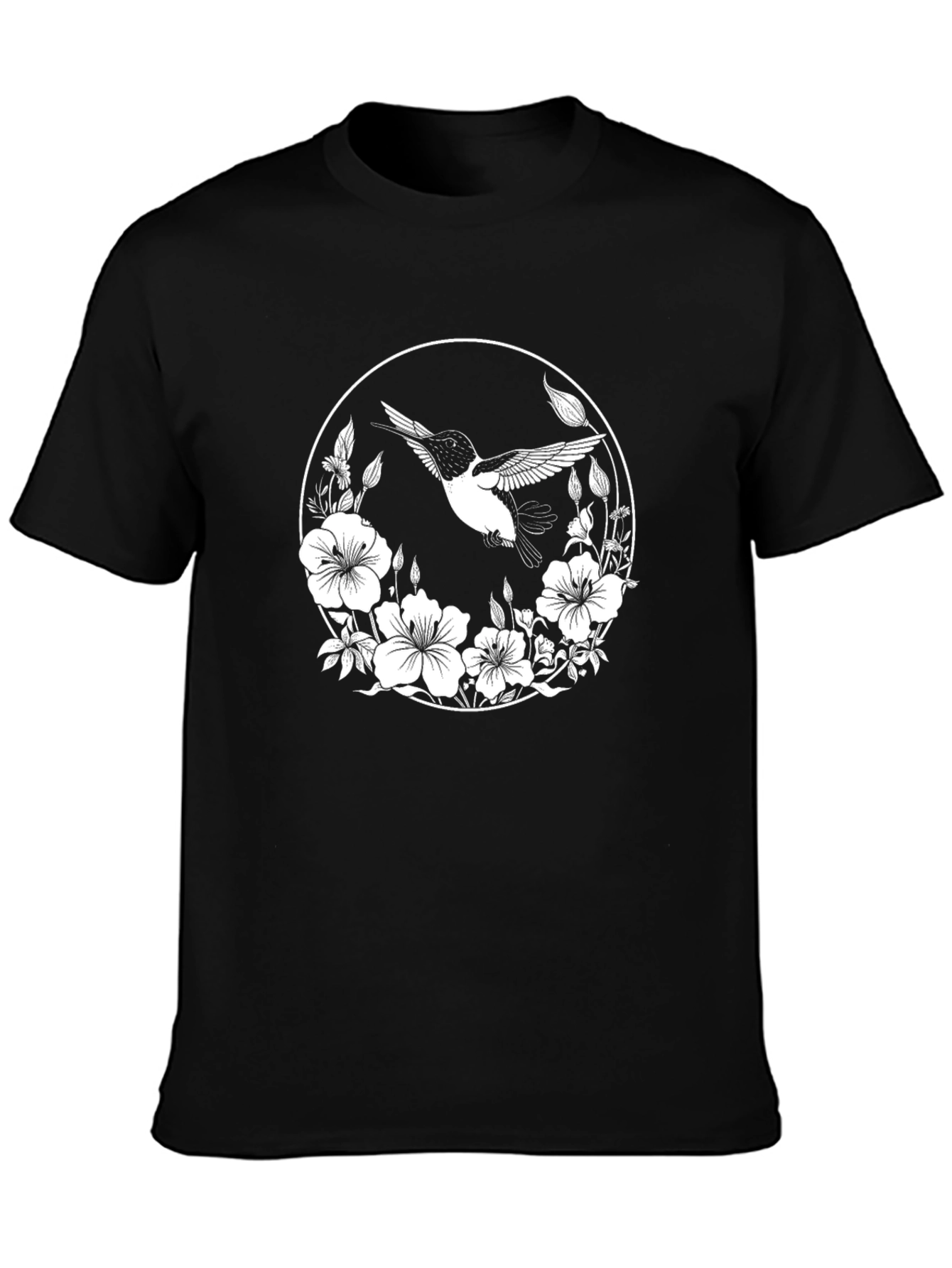 Black Hummingbird Floral Graphic Black T-Shirt view 3
