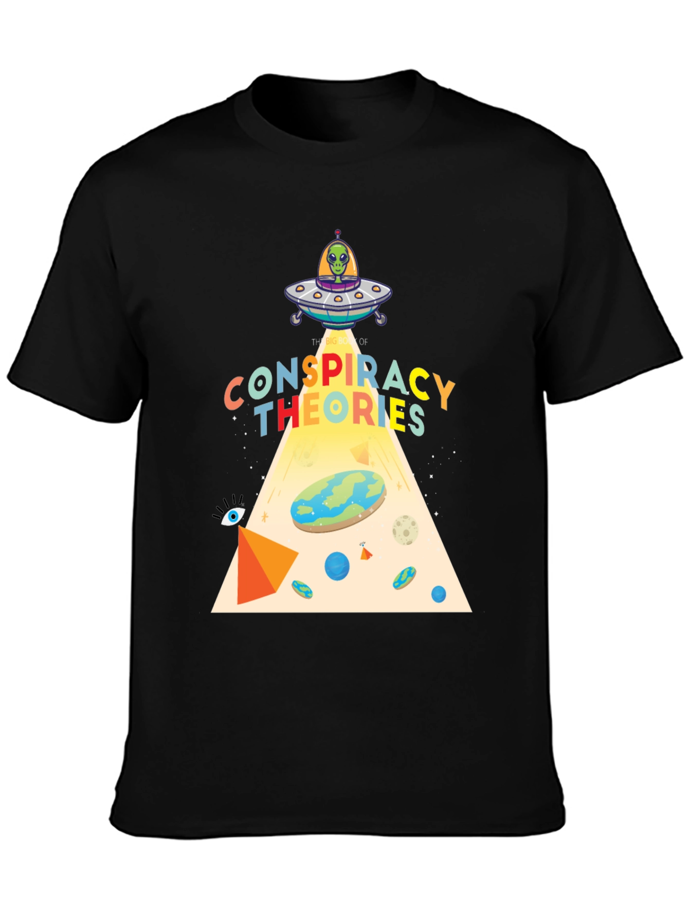 Black Conspiracy Theories Graphic T-Shirt, Alien UFO, Flat Earth view 3