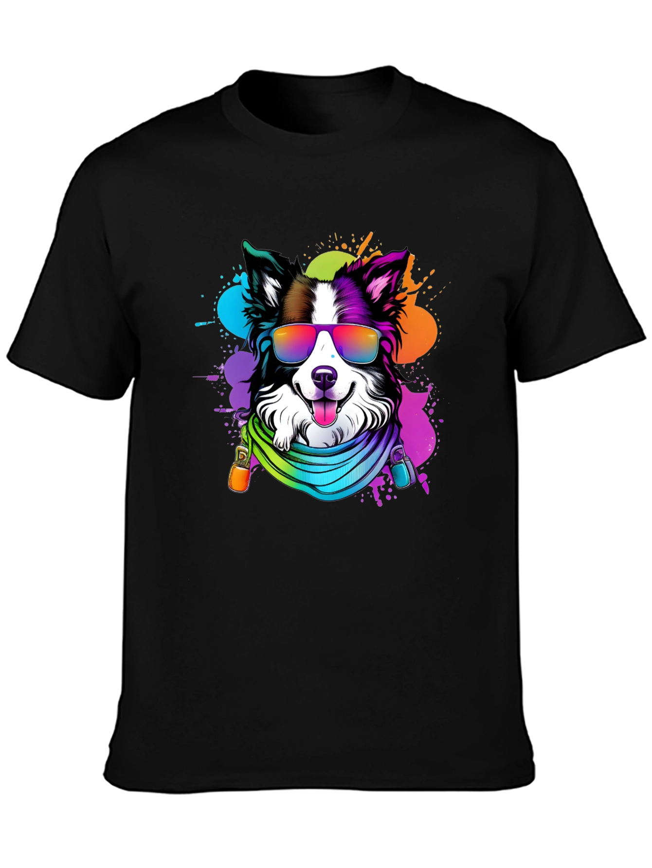 Black Cool Dog Graphic Tee - Colorful Border Collie T-Shirt view 3