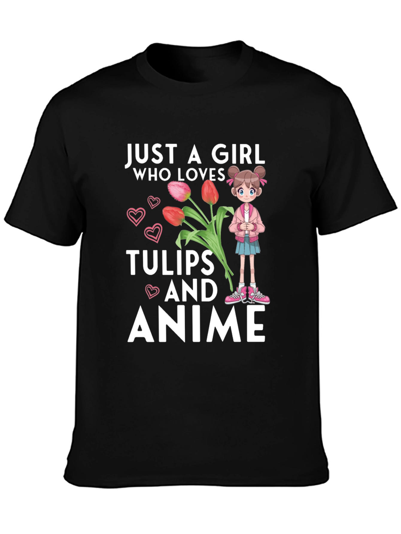 Black Just a Girl Who Loves Tulips and Anime T-Shirt view 3