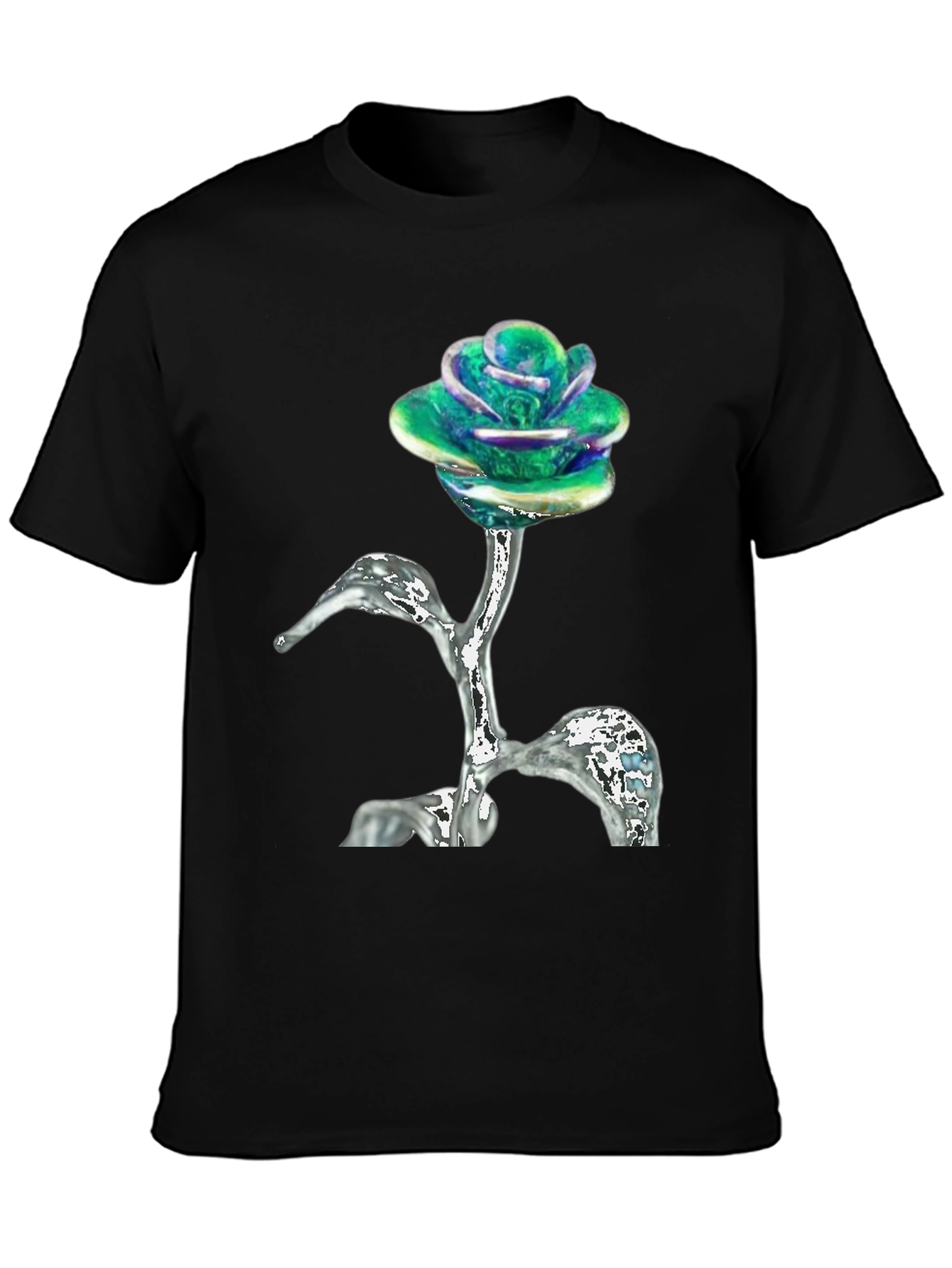 Black Iridescent Rose T-Shirt - Unique Floral Design view 3