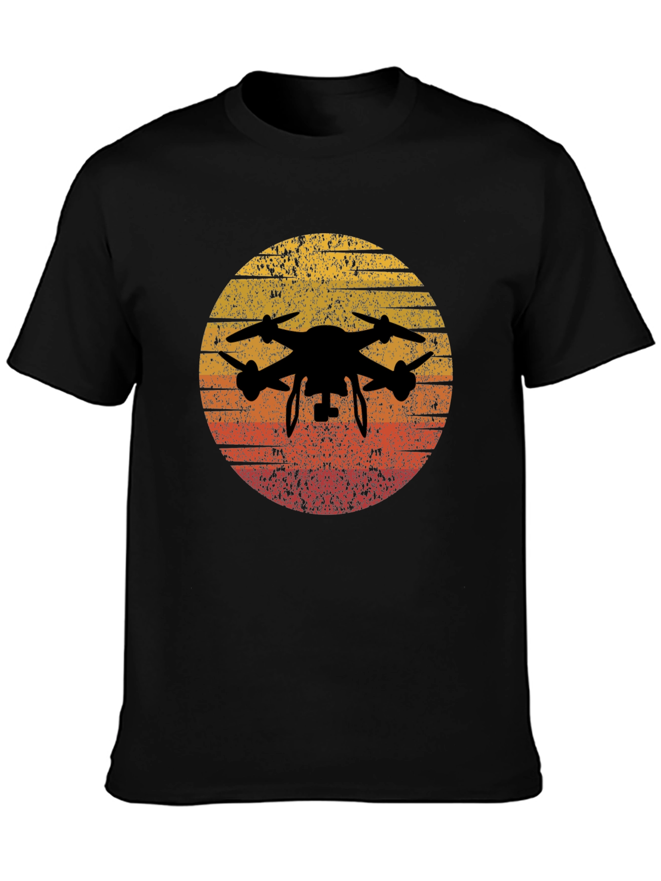 Retro Sunset Drone Graphic Tee -  Vintage Style Black T-Shirt - 3