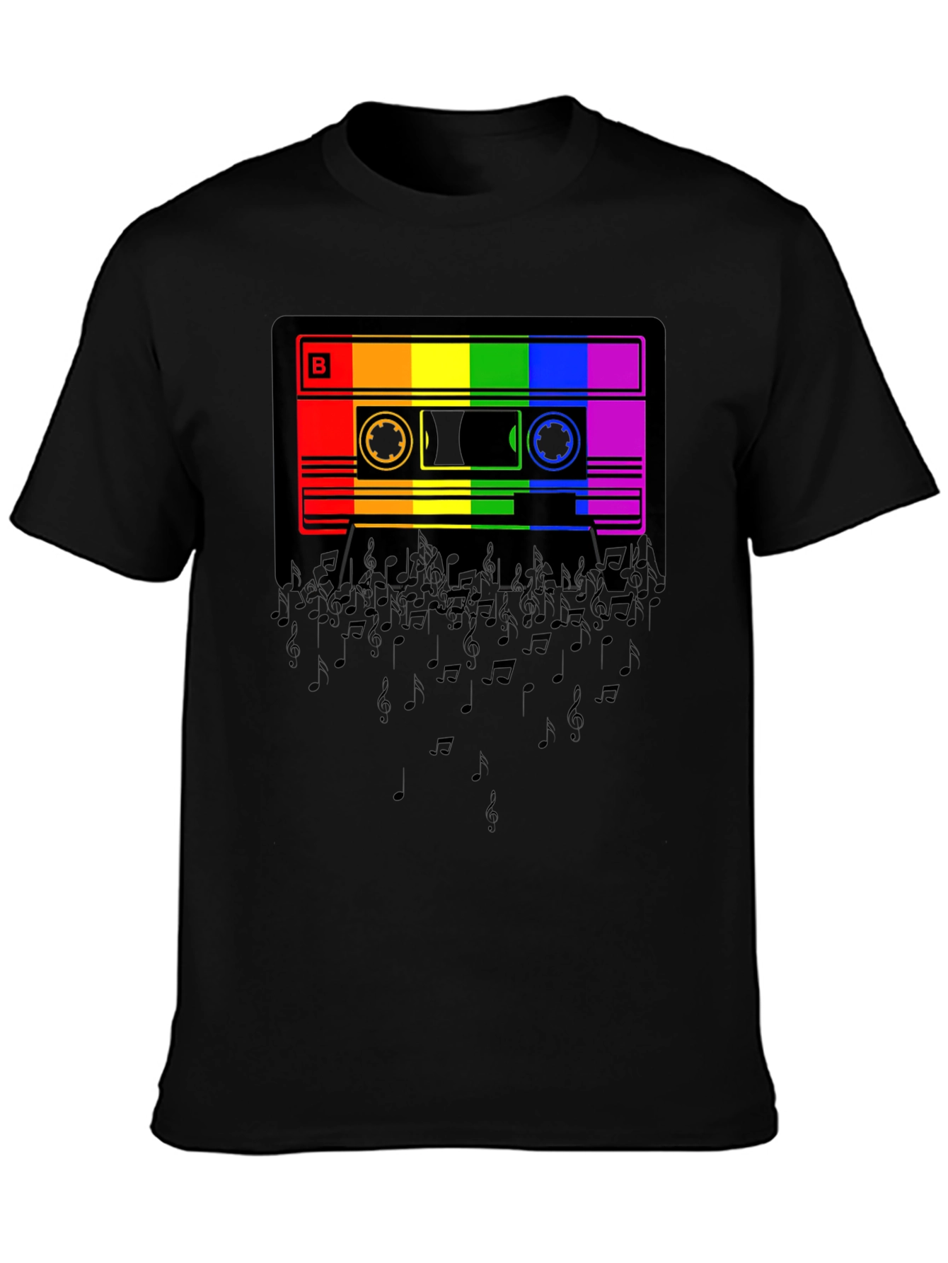 Black Rainbow Cassette Tape Music Notes Graphic T-Shirt view 3