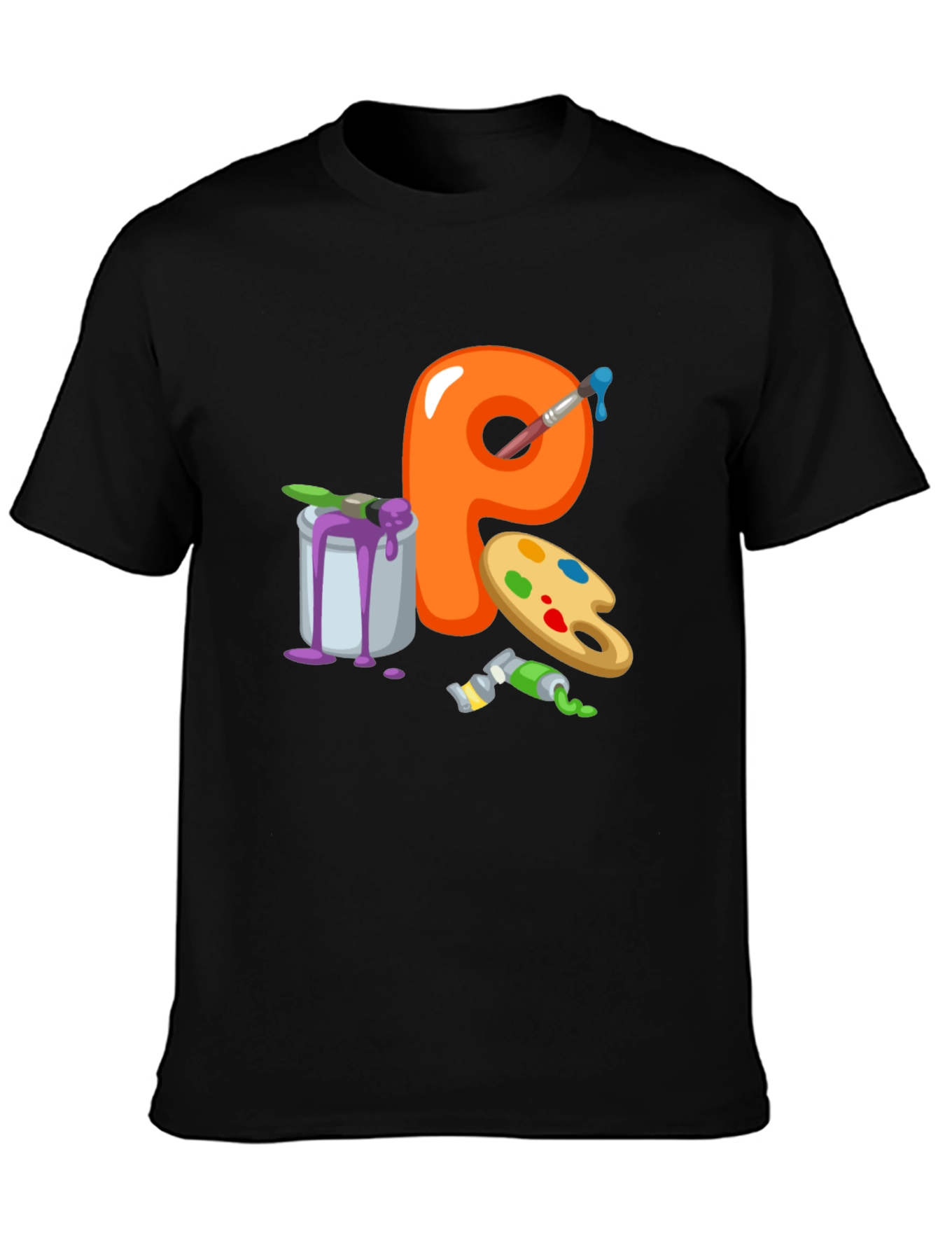 Black Artistic Letter P T-Shirt - Black Cotton Graphic Tee view 3