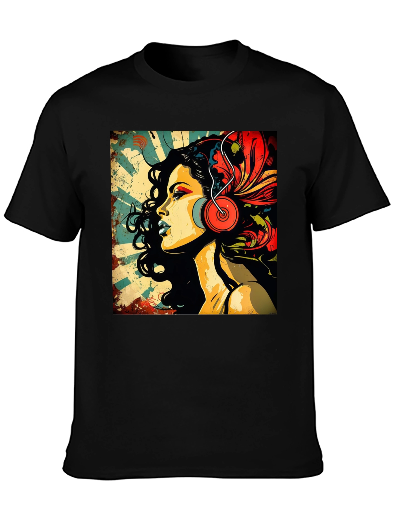 Black Retro Woman with Headphones Graphic Tee view 3