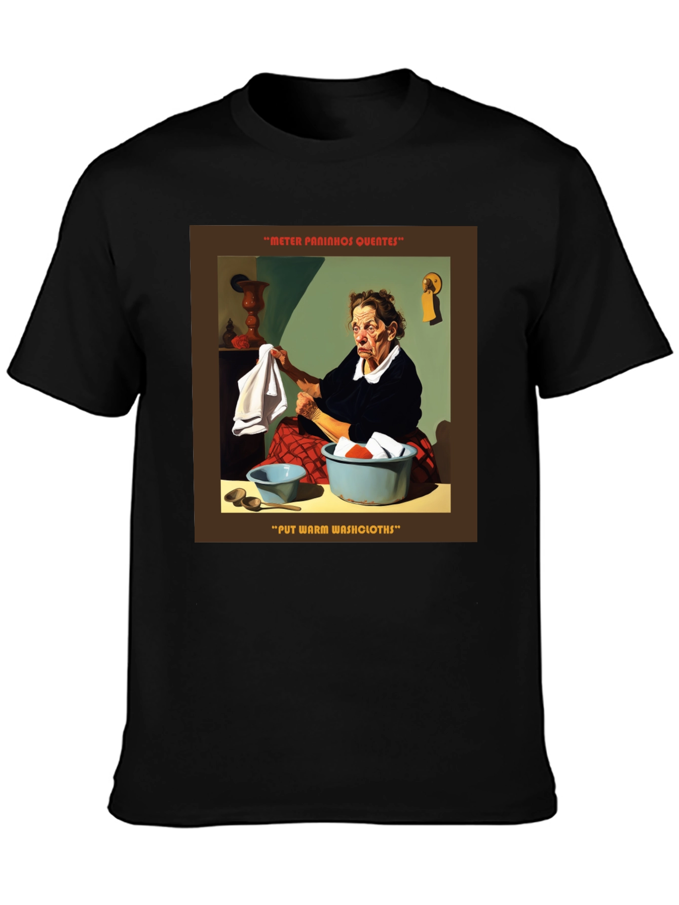 Black Unique Graphic T-Shirt - "Warm Washcloths" view 3