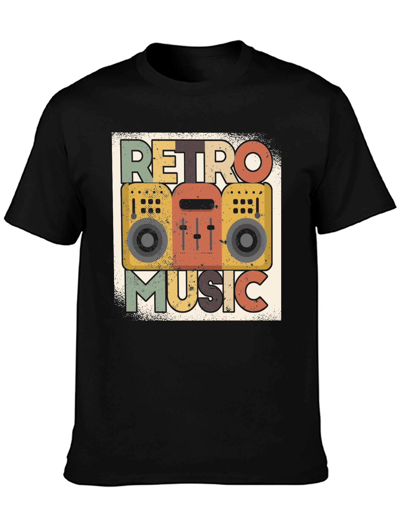 Black Retro Music Graphic Tee - Vintage Boombox T-Shirt view 3