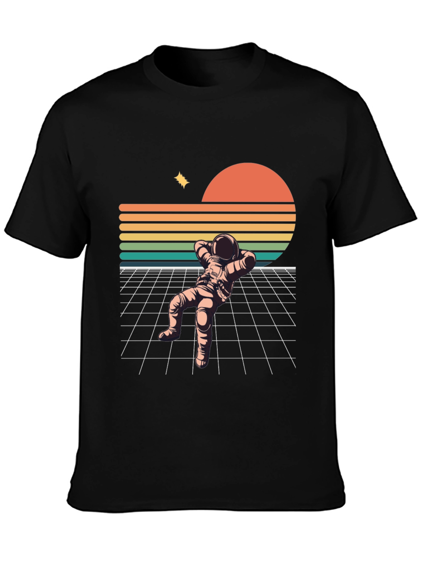 Black Retro Astronaut Relaxing Black T-Shirt view 3