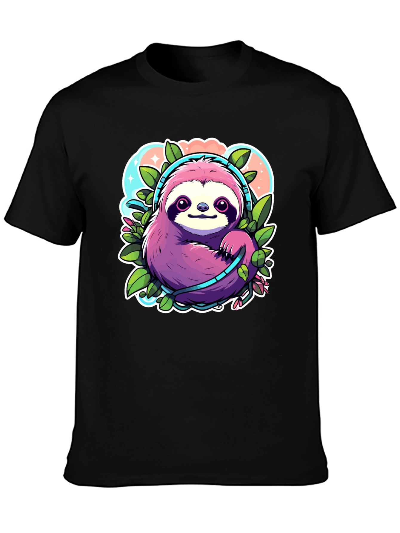 Black Sloth Headphones Graphic Tee - Cute Cartoon Animal Shirt view 3